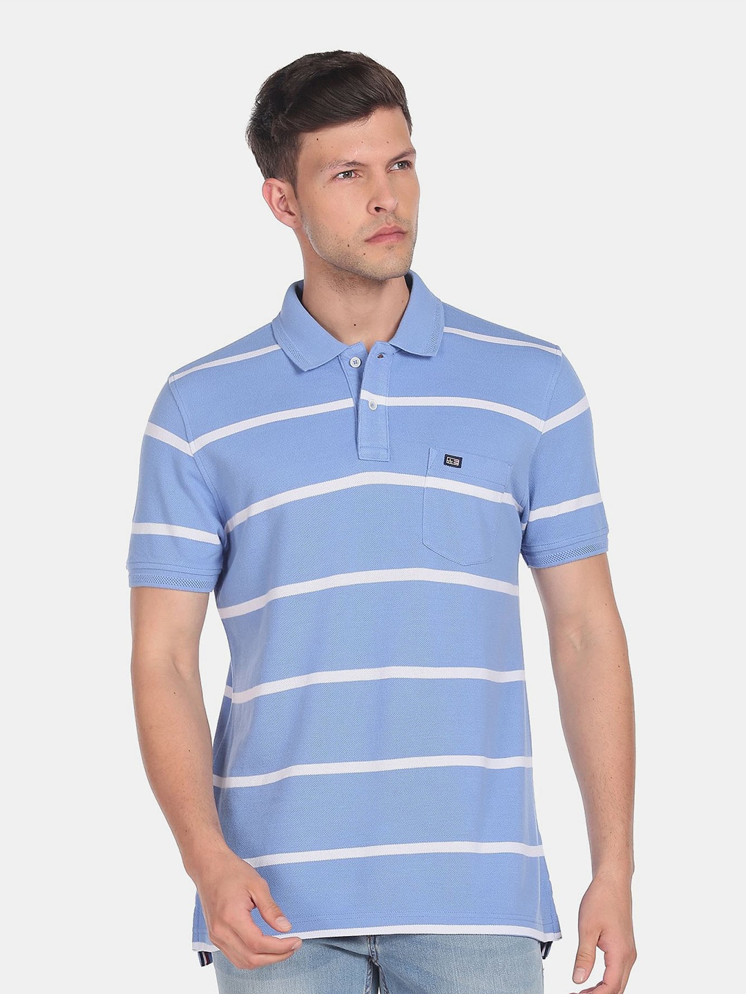 

Arrow Sport Men Pure Cotton Striped Polo Collar T-shirt, Blue