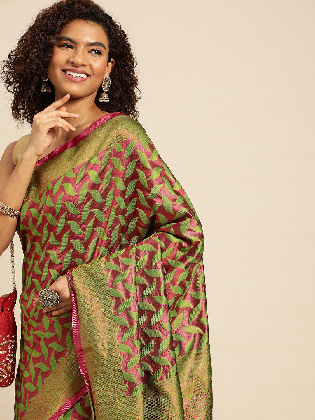 

Pothys Green & Red Woven Design Jute Silk Saree