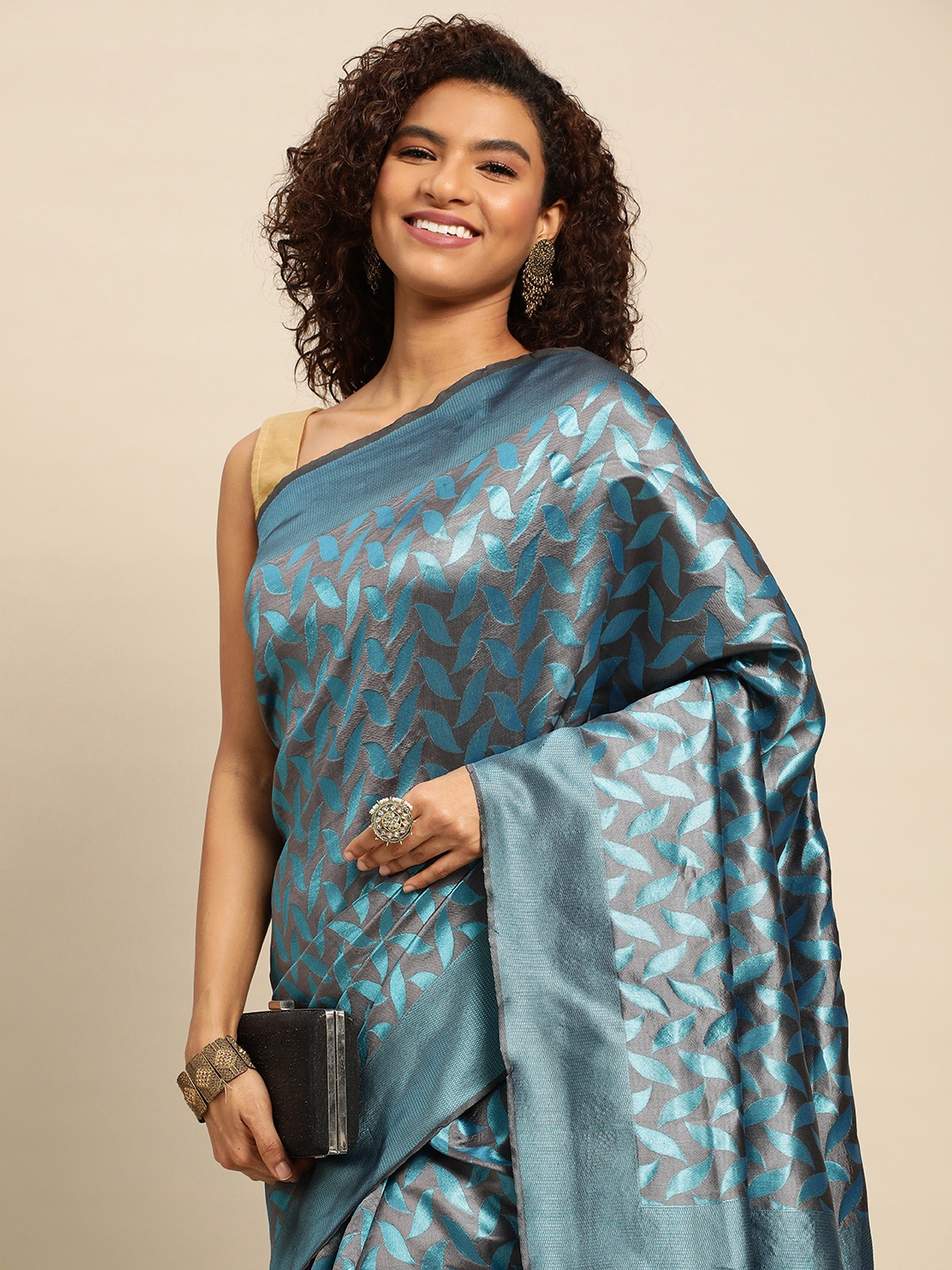 

Pothys Grey & Blue Woven Design Jute Silk Saree