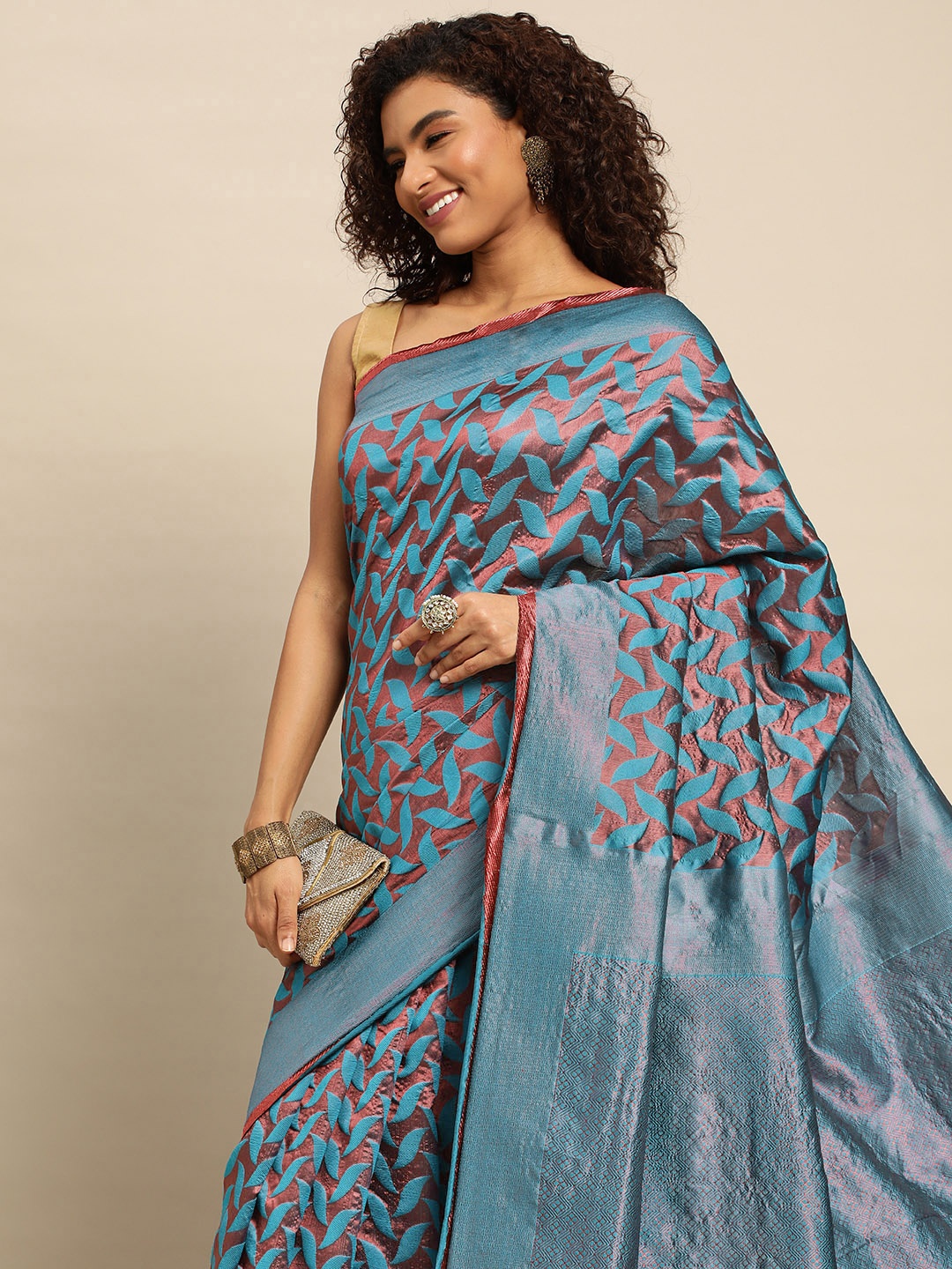 

Pothys Blue & Pink Woven Design Jute Silk Saree