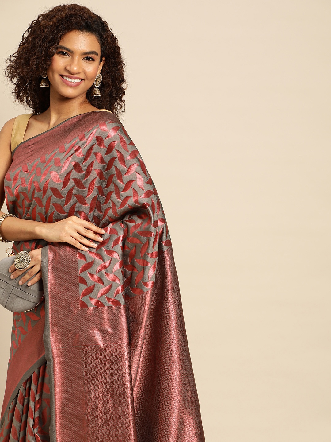 

Pothys Grey & Red Woven Design Jute Silk Saree