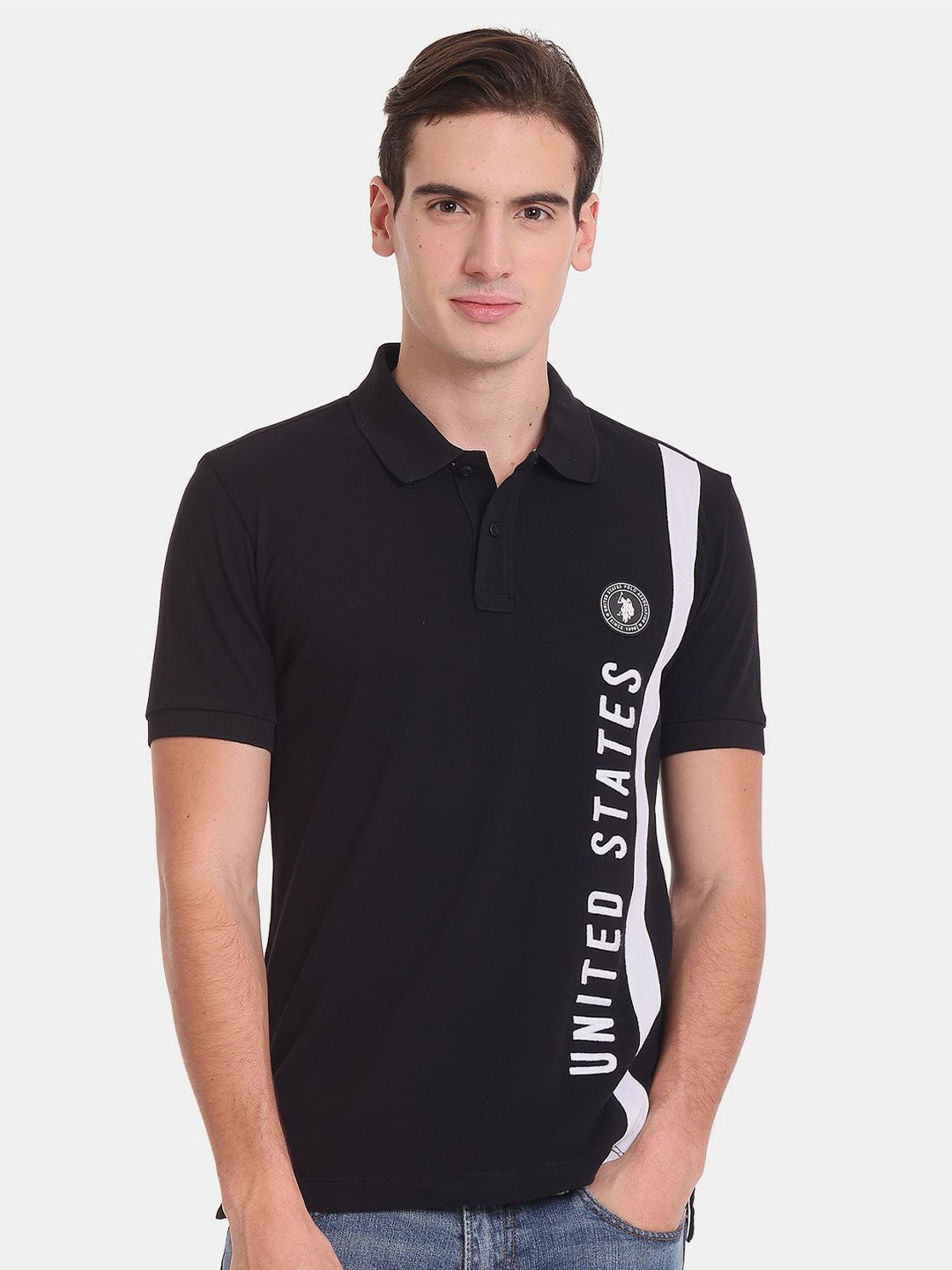 

U.S. Polo Assn. Men Typography Printed Polo Collar Slim Fit Cotton T-shirt, Black