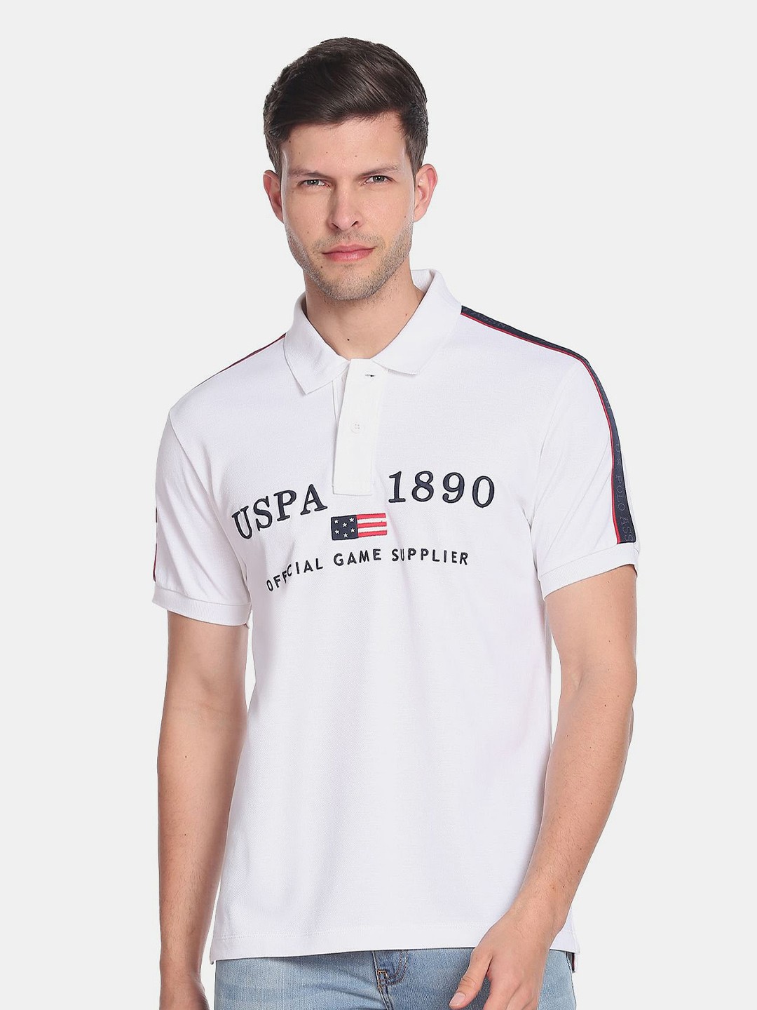 

U S Polo Assn Men Cotton Typography Printed Polo Collar Slim Fit T-shirt, White