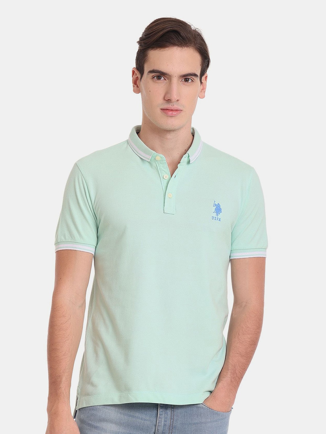 

U.S. Polo Assn. Men Polo Collar Slim Fit Cotton T-shirt, Sea green