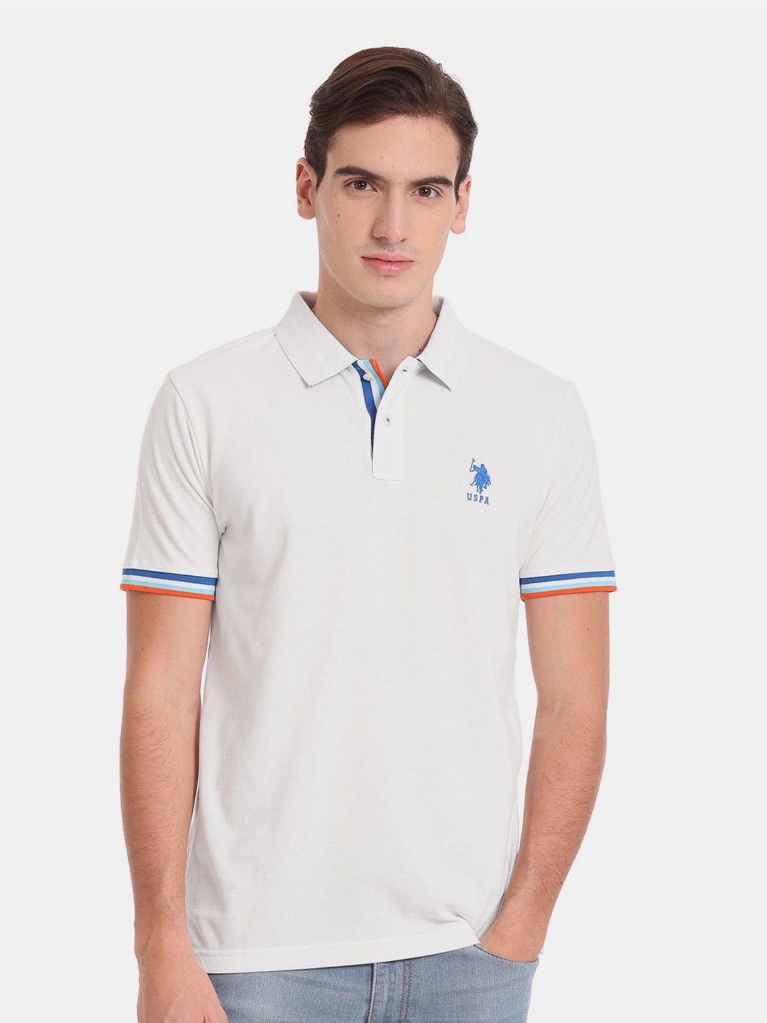 

U.S. Polo Assn. Men Polo Collar Slim Fit Pure Cotton T-shirt, White