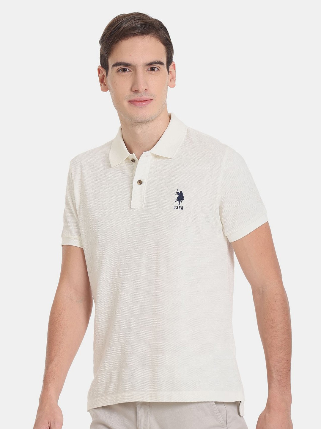 

U.S. Polo Assn. Men Polo Collar Slim Fit Cotton T-shirt, Off white