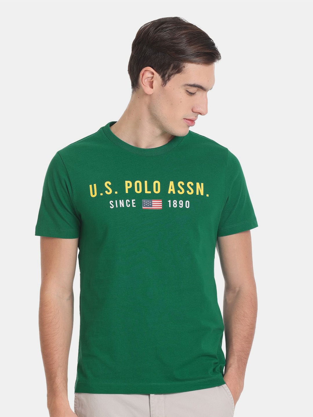 

U.S. Polo Assn. Men Brand Logo Printed Slim Fit Pure Cotton T-shirt, Green
