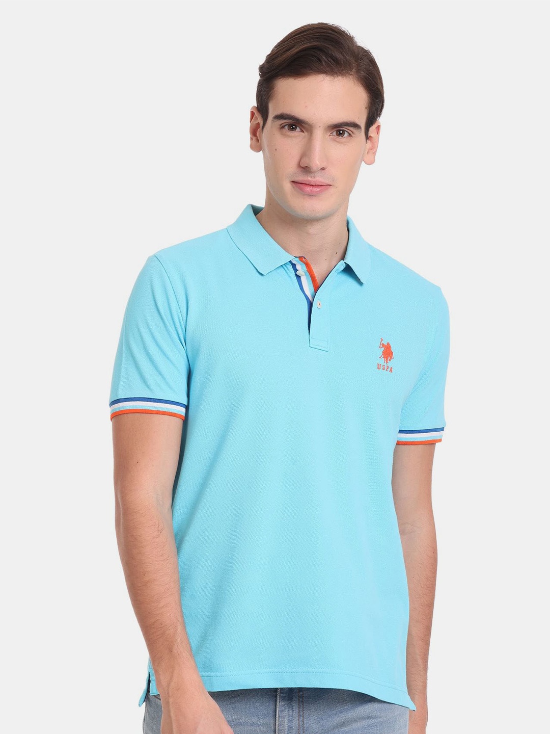 

U.S. Polo Assn. Men Polo Collar Slim Fit Pure Cotton T-shirt, Blue