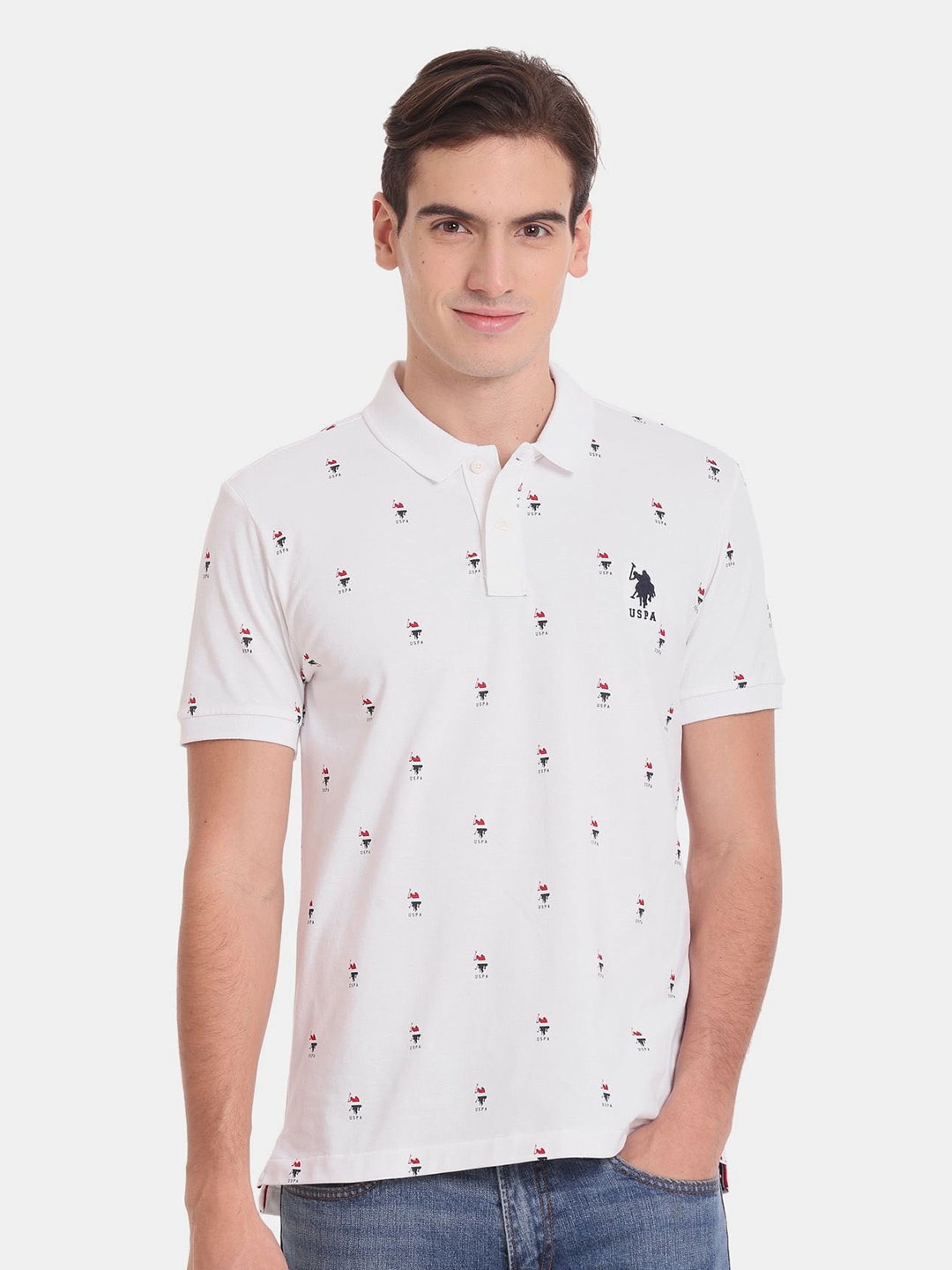 

U.S. Polo Assn. Men Brand Logo Printed Polo Collar Slim Fit Cotton T-shirt, White