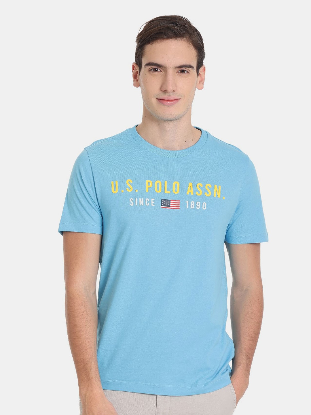 

U.S. Polo Assn. Men Plus Size Typography Printed Pure Cotton Slim Fit T-shirt, Blue