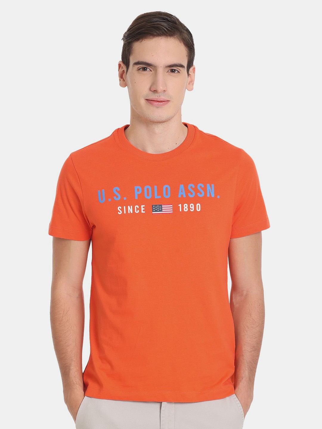 

U.S. Polo Assn. Men Brand Logo Printed Pure Cotton Slim Fit T-shirt, Orange