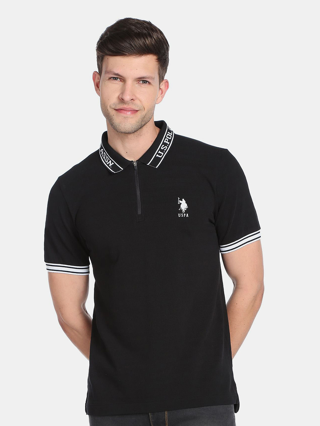 

U.S. Polo Assn. Men Polo Collar Pure Cotton Slim Fit T-shirt, Black