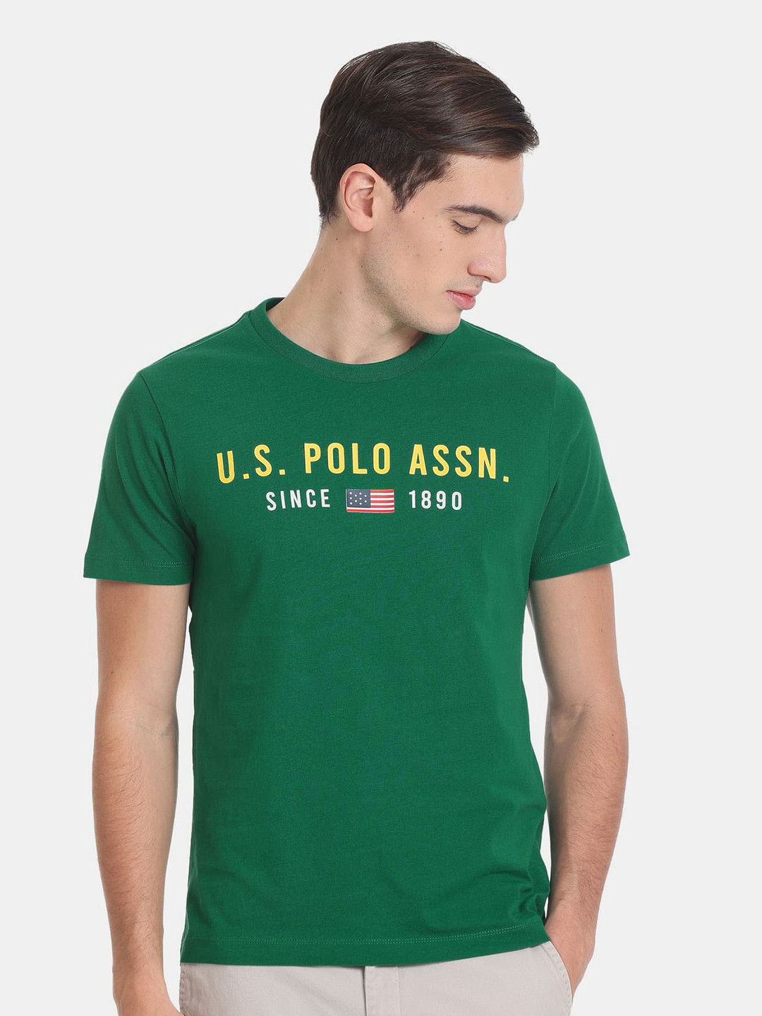 

U.S. Polo Assn. Men Typography Printed Slim Fit Pure Cotton T-shirt, Green