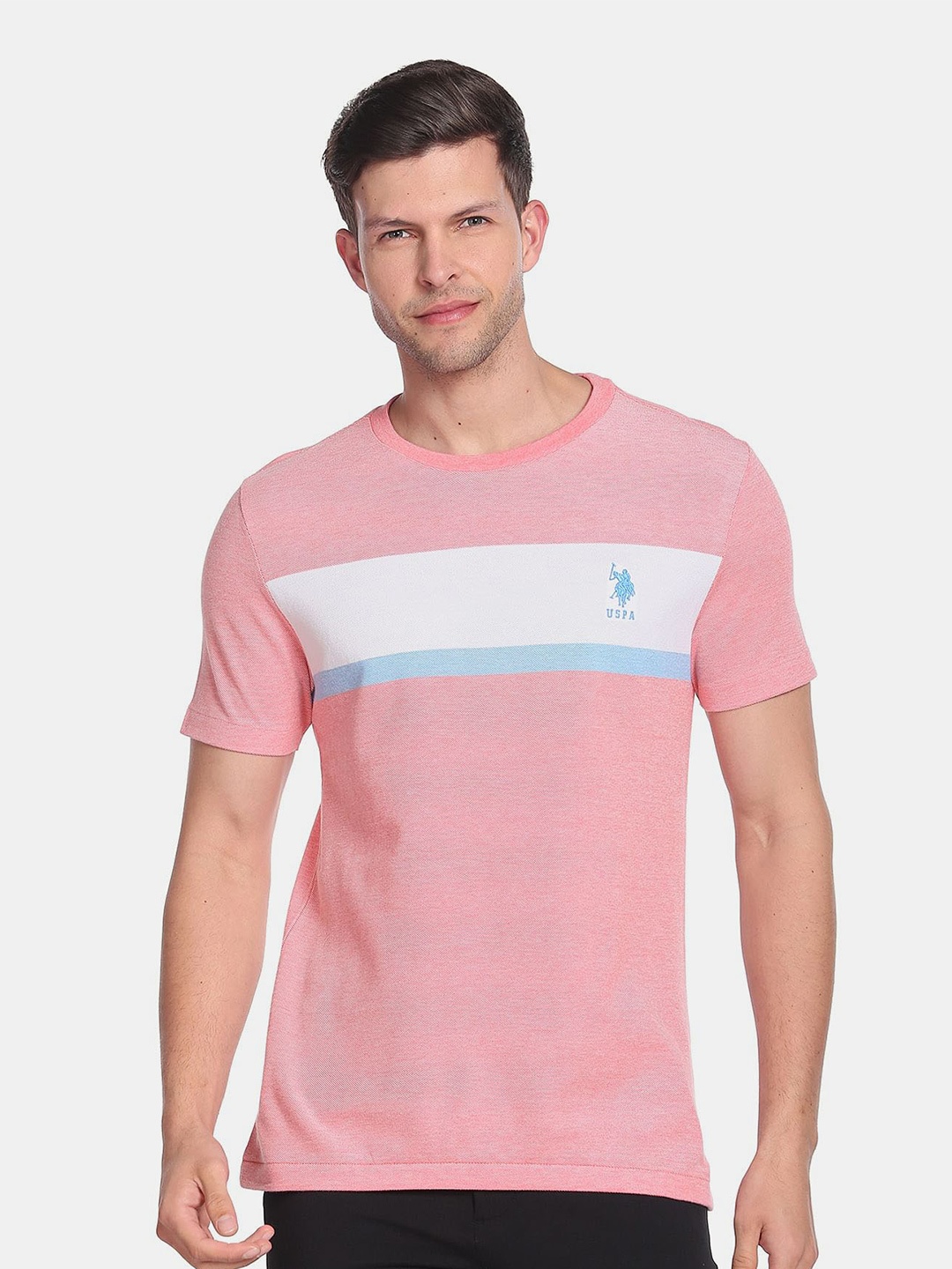 

U.S. Polo Assn. Men Plus Size Striped Slim Fit Pure Cotton T-shirt, Pink