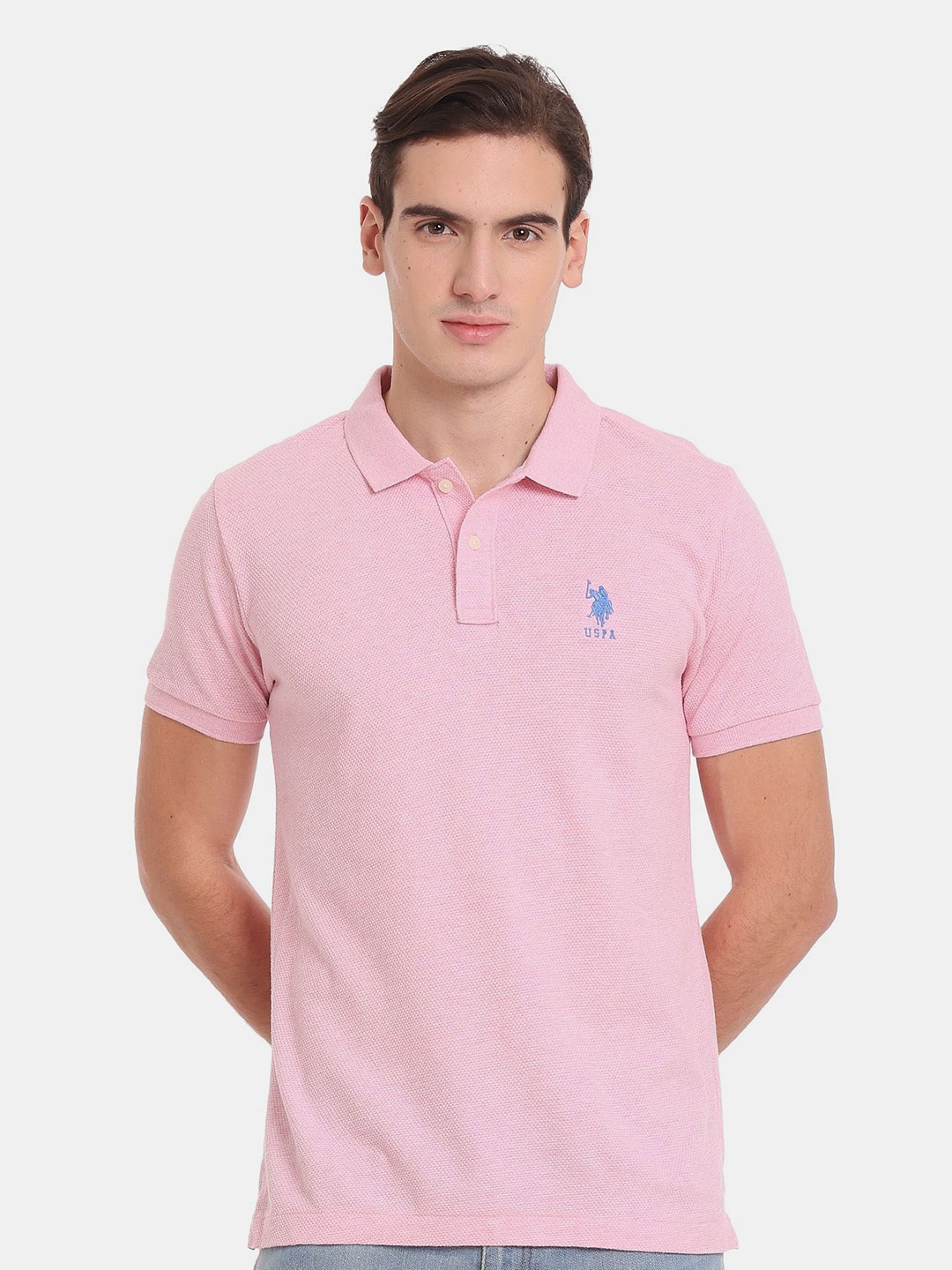 

U.S. Polo Assn. Men Pure Cotton Polo Collar Slim Fit T-shirt, Pink