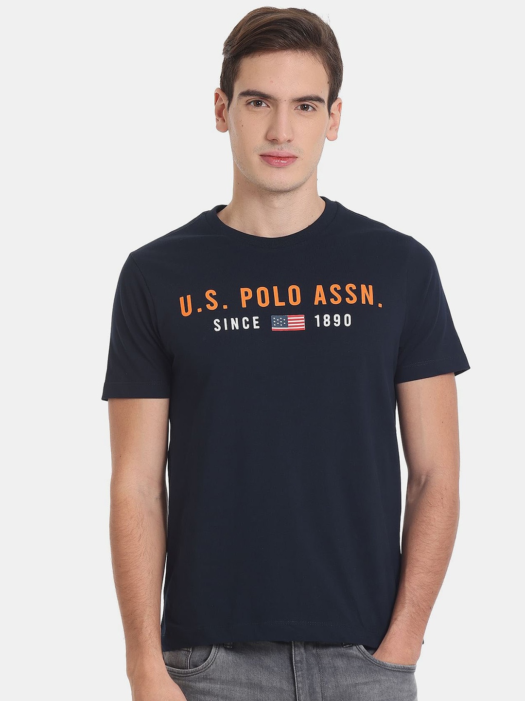 

U.S. Polo Assn. Men Brand Logo Printed Slim Fit Pure Cotton T-shirt, Blue