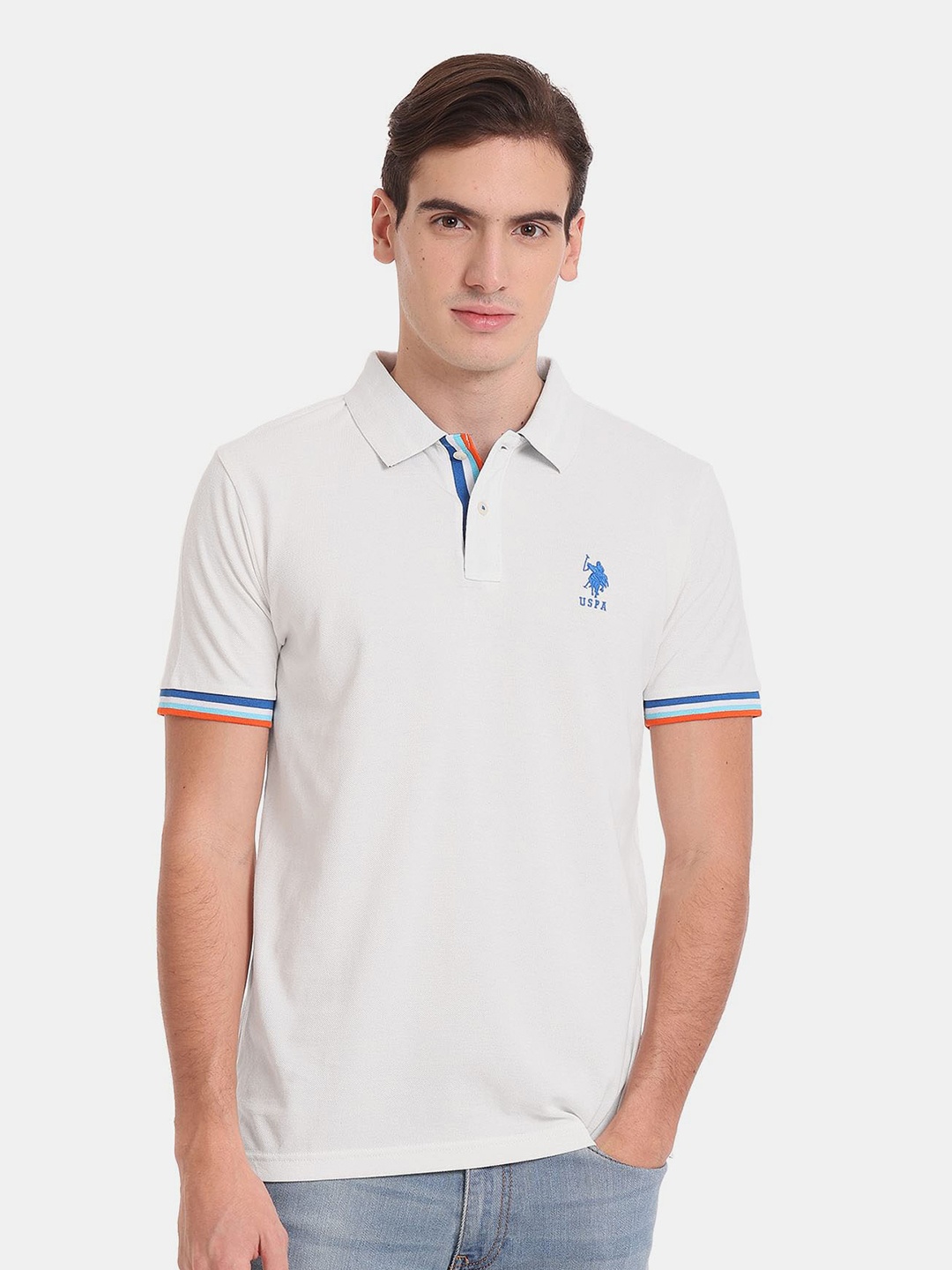 

U.S. Polo Assn. Men Polo Collar Pure Cotton Slim Fit T-shirt, White