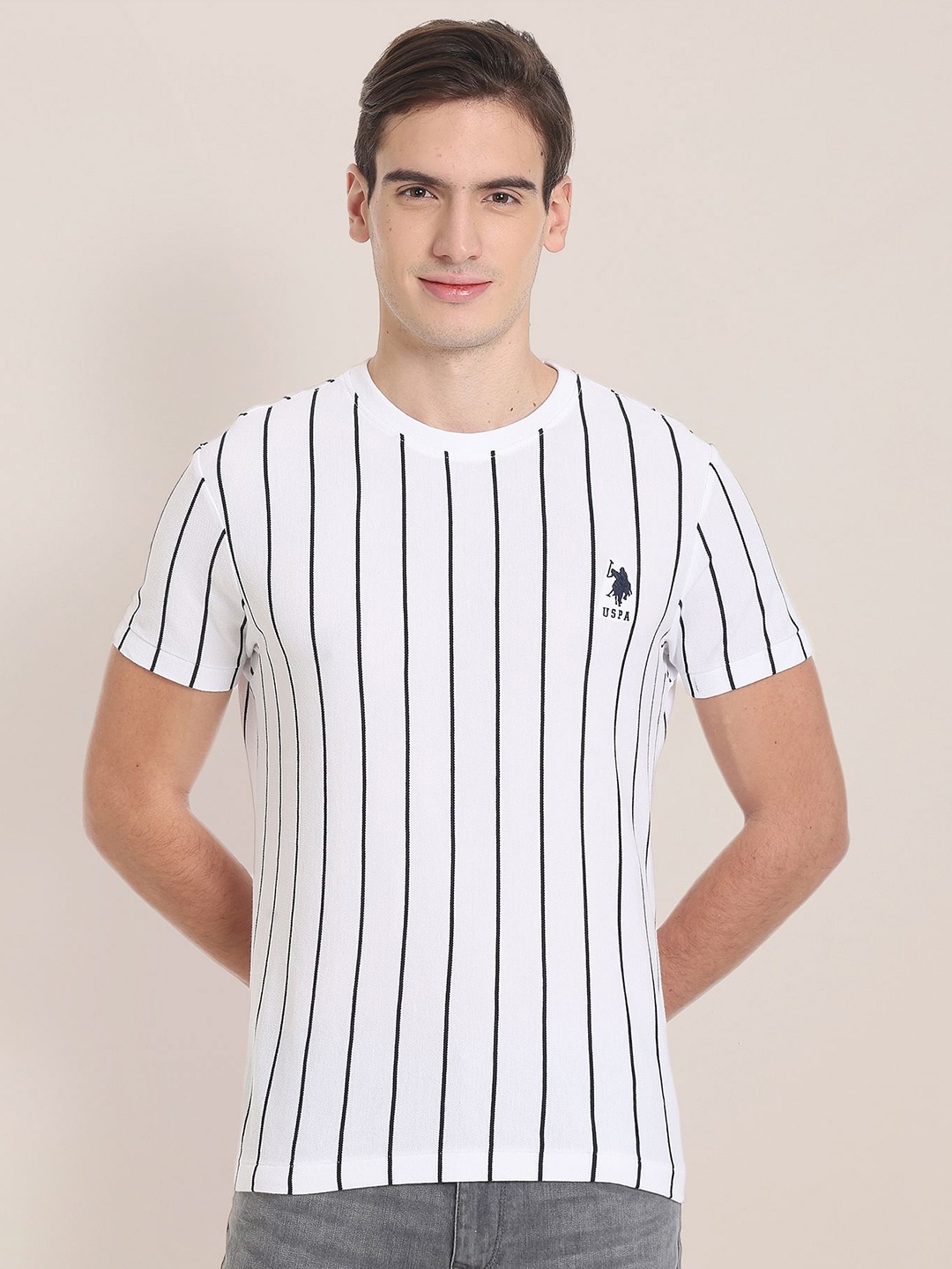 

U.S. Polo Assn. Men Striped Monochrome Slim Fit Cotton T-shirt, White