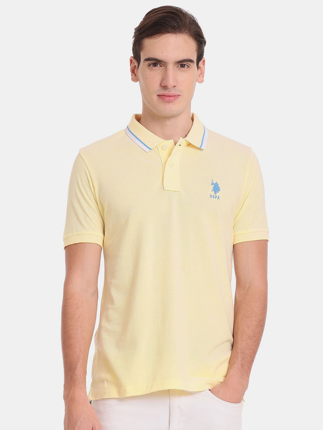 

U.S. Polo Assn. Men Polo Collar Pure Cotton Slim Fit T-shirt, Yellow