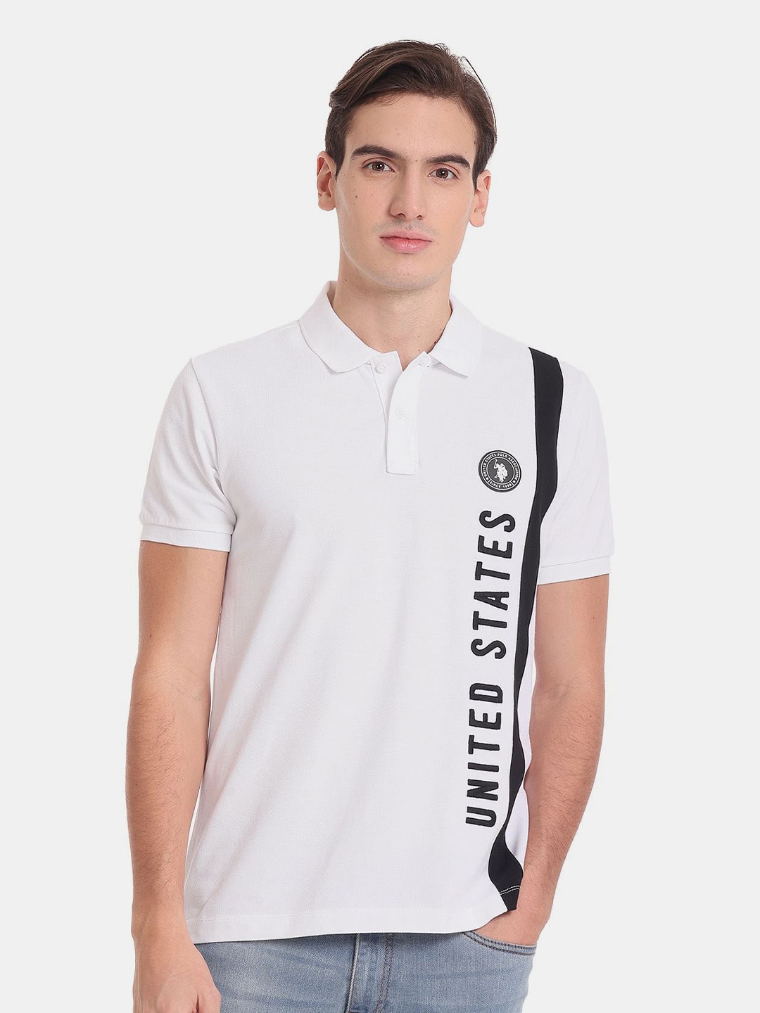 

U.S. Polo Assn. Men Typography Printed Pure Cotton Polo Collar Slim Fit T-shirt, White