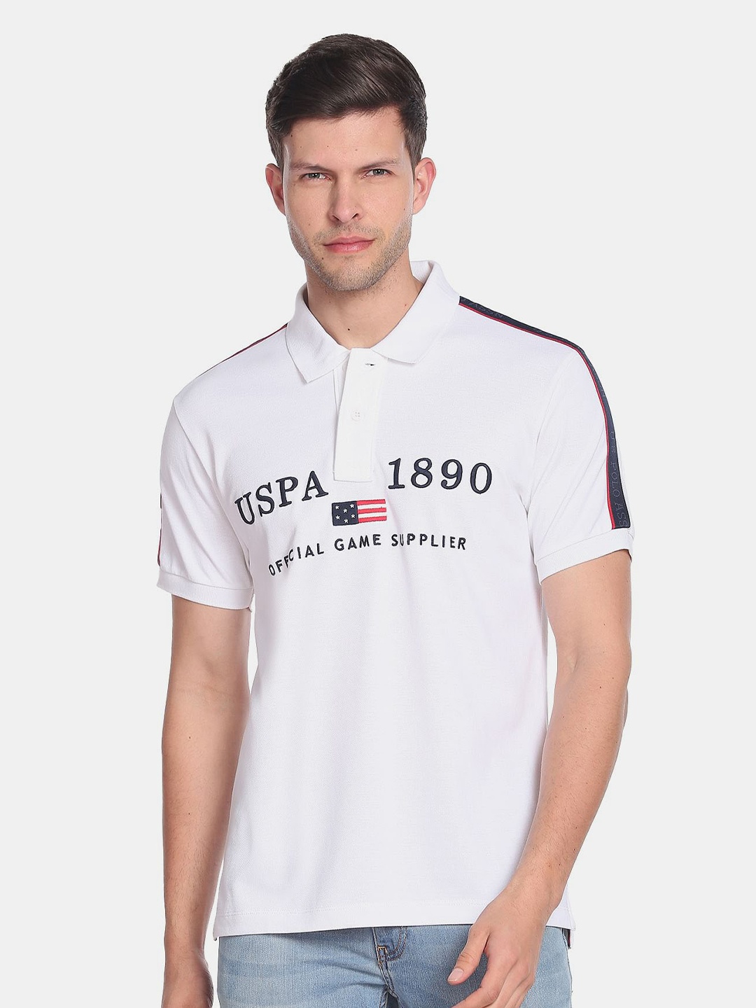 

U S Polo Assn Men Typography Printed Polo Collar Slim Fit Cotton T-shirt, White