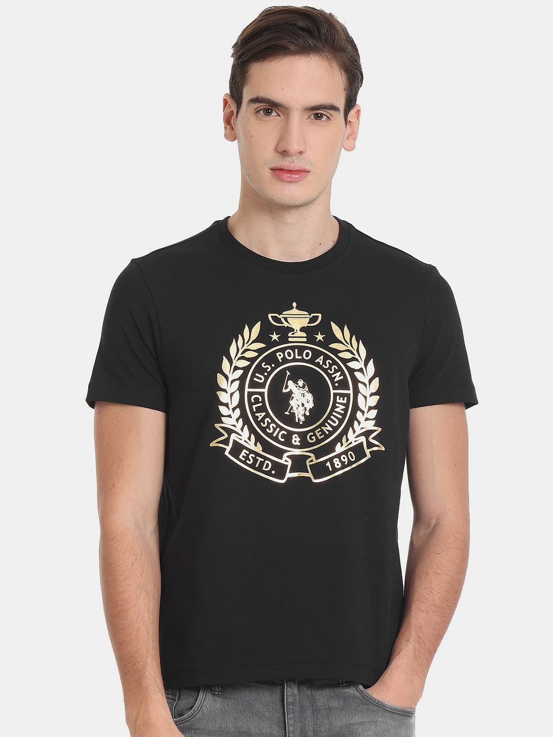 

U.S. Polo Assn. Men Plus Size Brand Logo Printed Slim Fit Pure Cotton T-shirt, Black