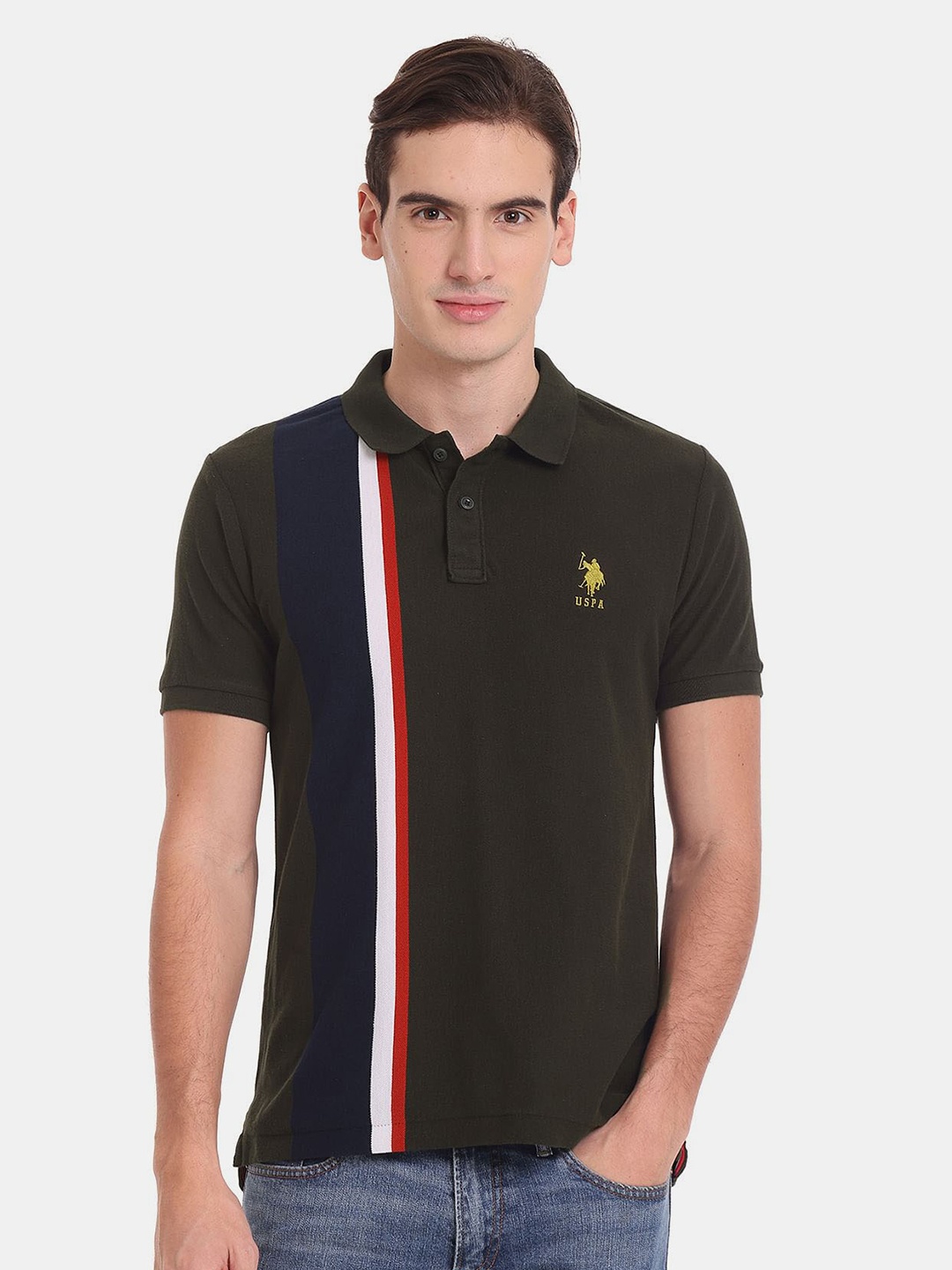 

U.S. Polo Assn. Men Pure Cotton Striped Polo Collar T-shirt, Olive