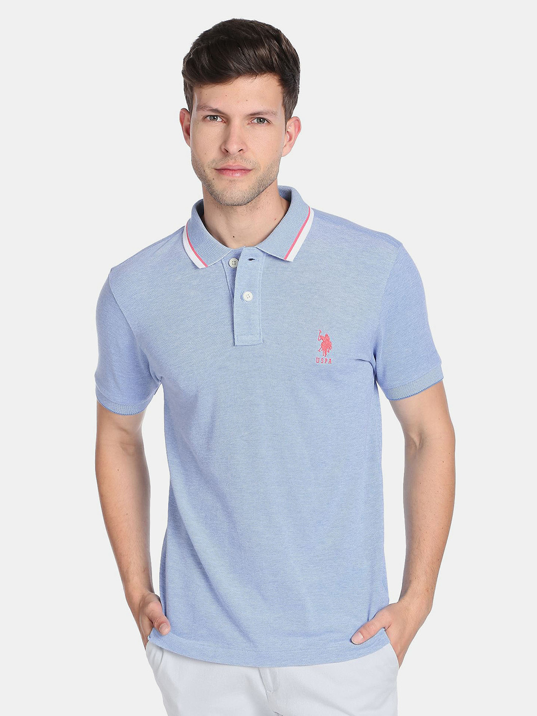 

U.S. Polo Assn. Men Polo Collar Slim Fit Pure Cotton T-shirt, Blue