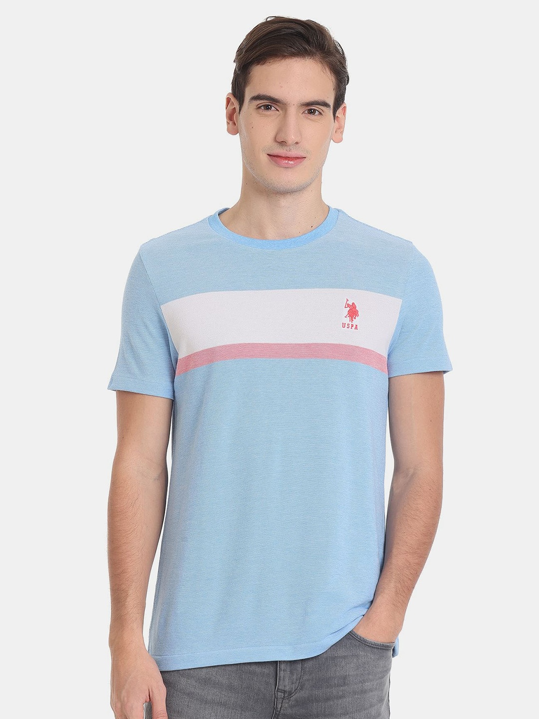 

U.S. Polo Assn. Men Cotton Colourblocked Slim Fit T-shirt, Blue