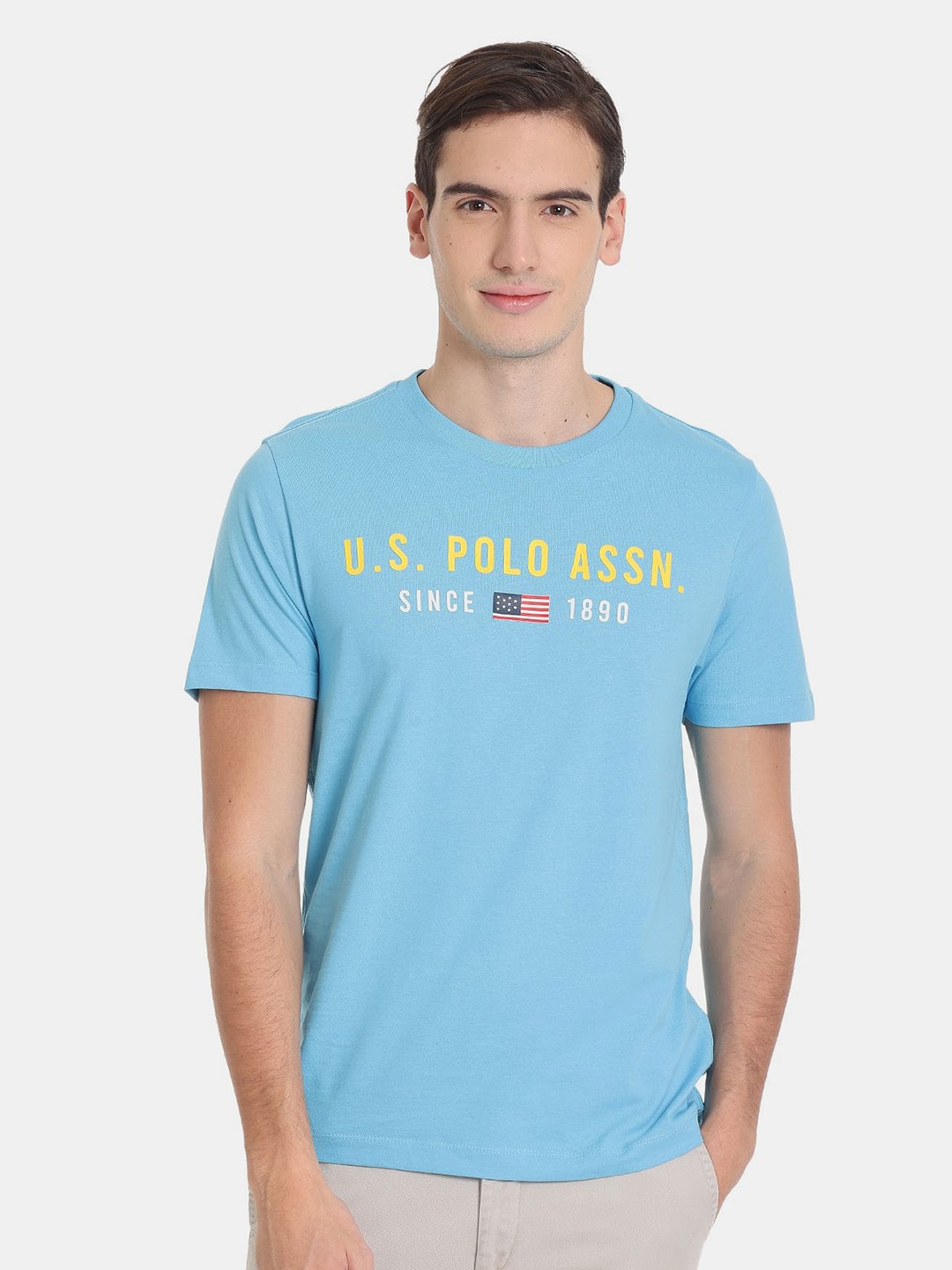 

U.S. Polo Assn. Men Pure Cotton Typography Printed Slim Fit T-shirt, Blue