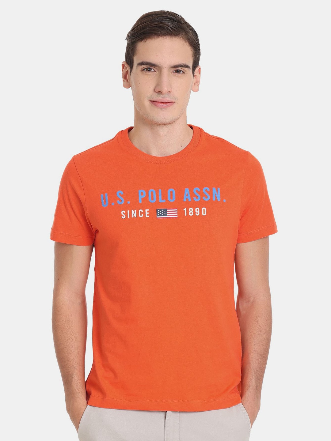 

U.S. Polo Assn. Men Pure Cotton Typography Printed Slim Fit T-shirt, Orange