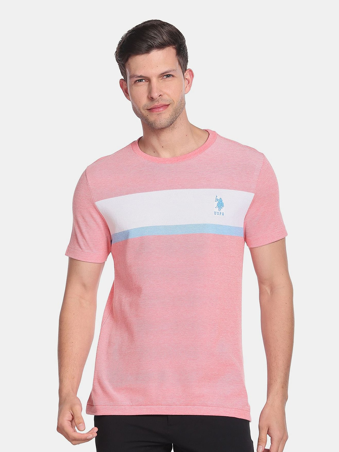 

U.S. Polo Assn. Men Striped Pure Cotton Round Neck Slim Fit T-shirt, Pink