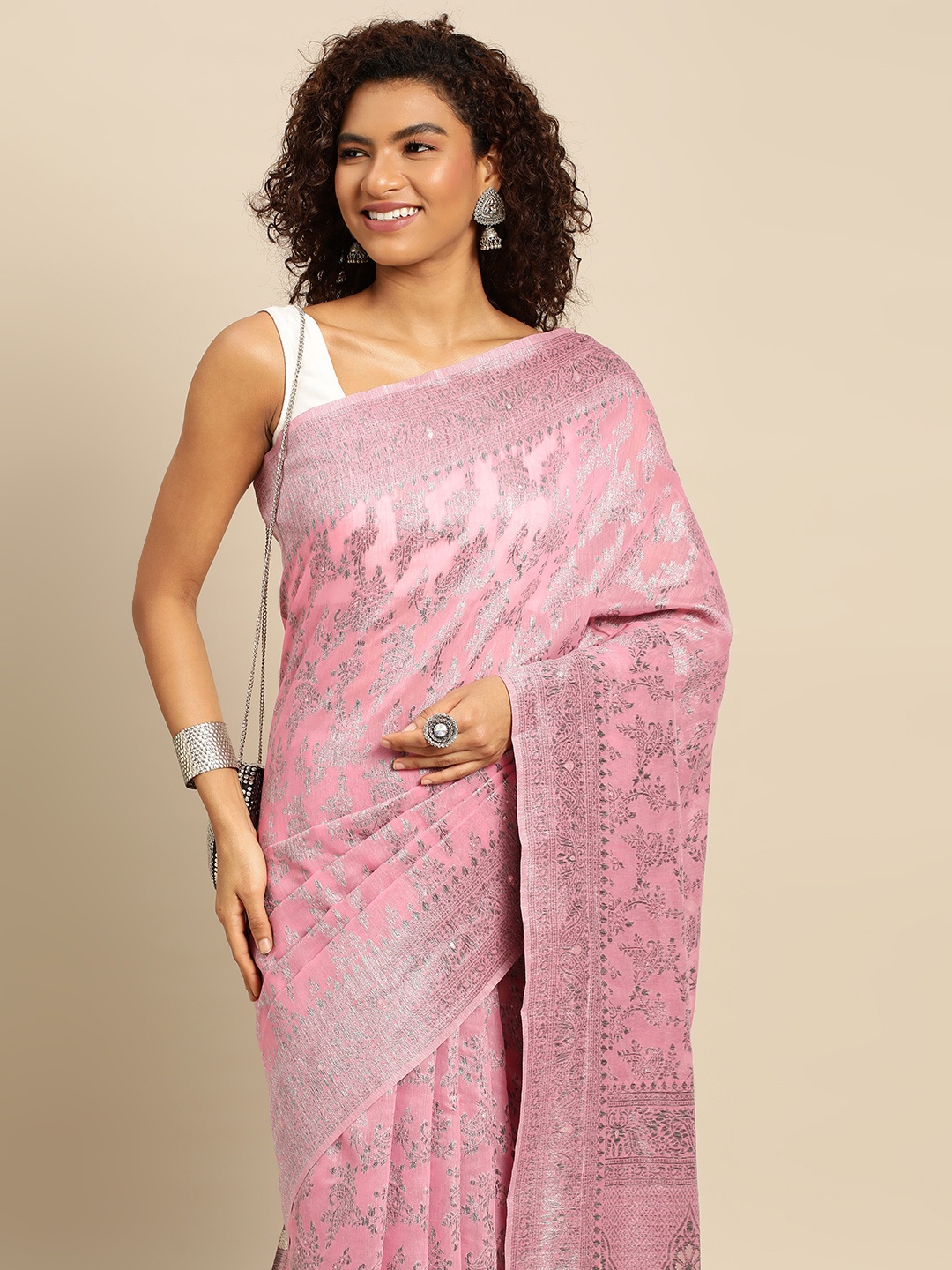 

Pothys Pink Woven Design Jute Silk Saree