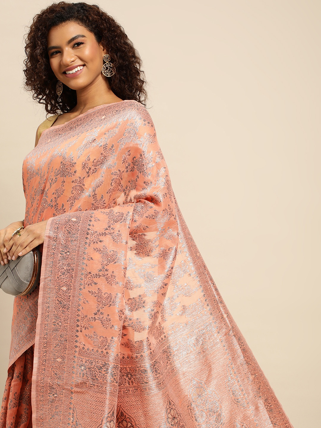 

Pothys Peach-Coloured & Grey Woven Design Jute Silk Saree