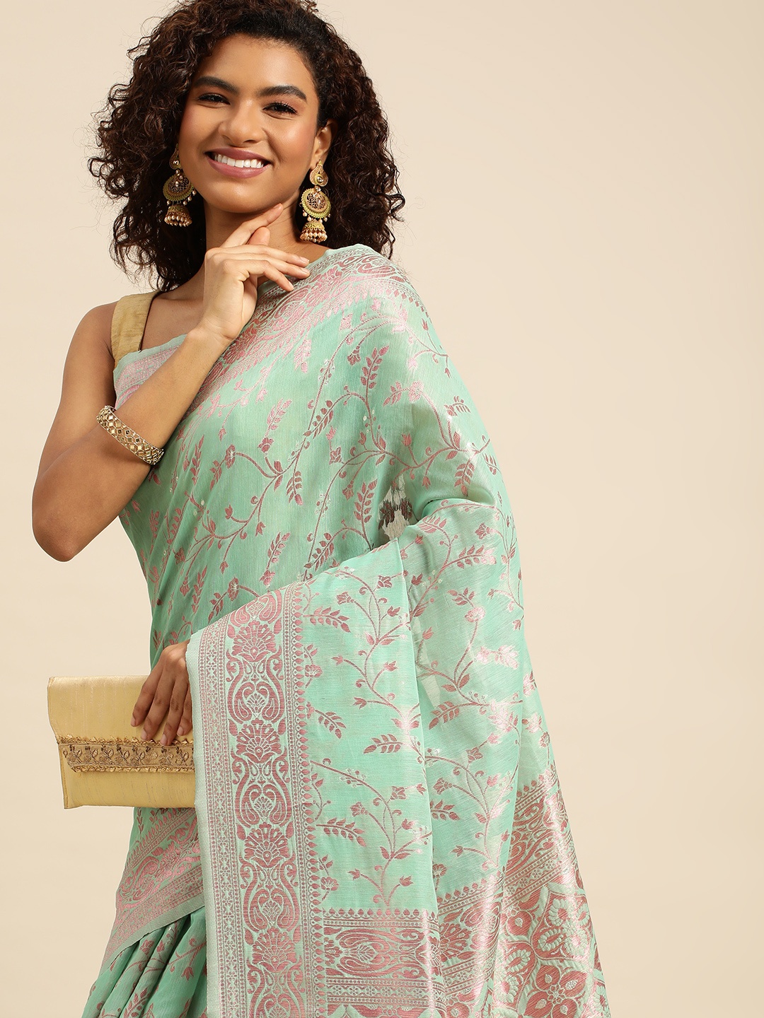 

Pothys Green & Pink Woven Design Jute Silk Saree