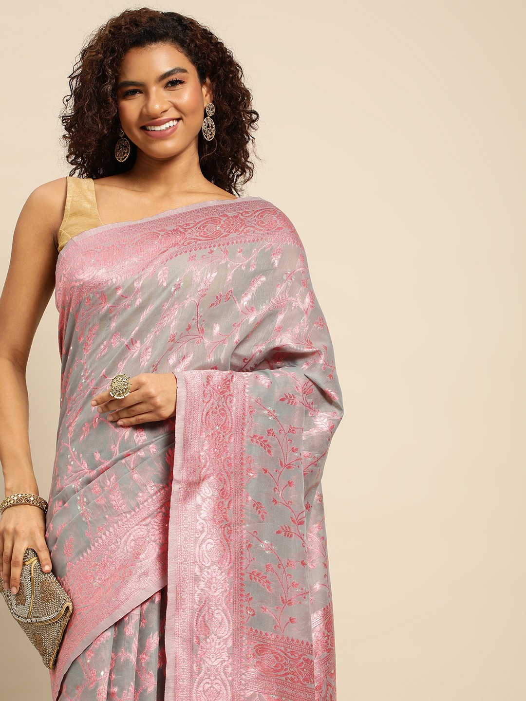 

Pothys Grey & Pink Woven Design Jute Silk Saree