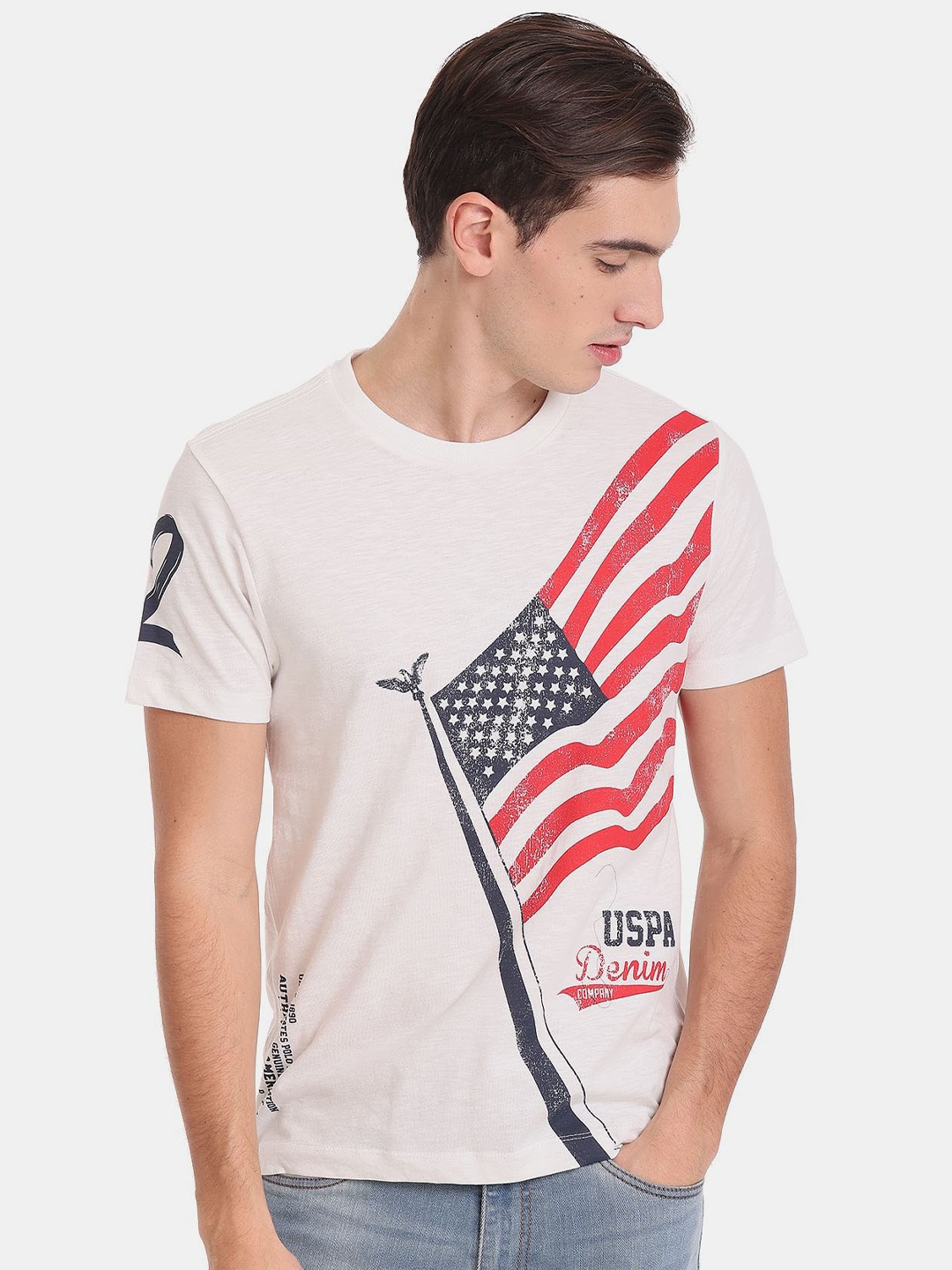 

U.S. Polo Assn. Denim Co. Men Pure Cotton Printed Slim Fit T-shirt, White