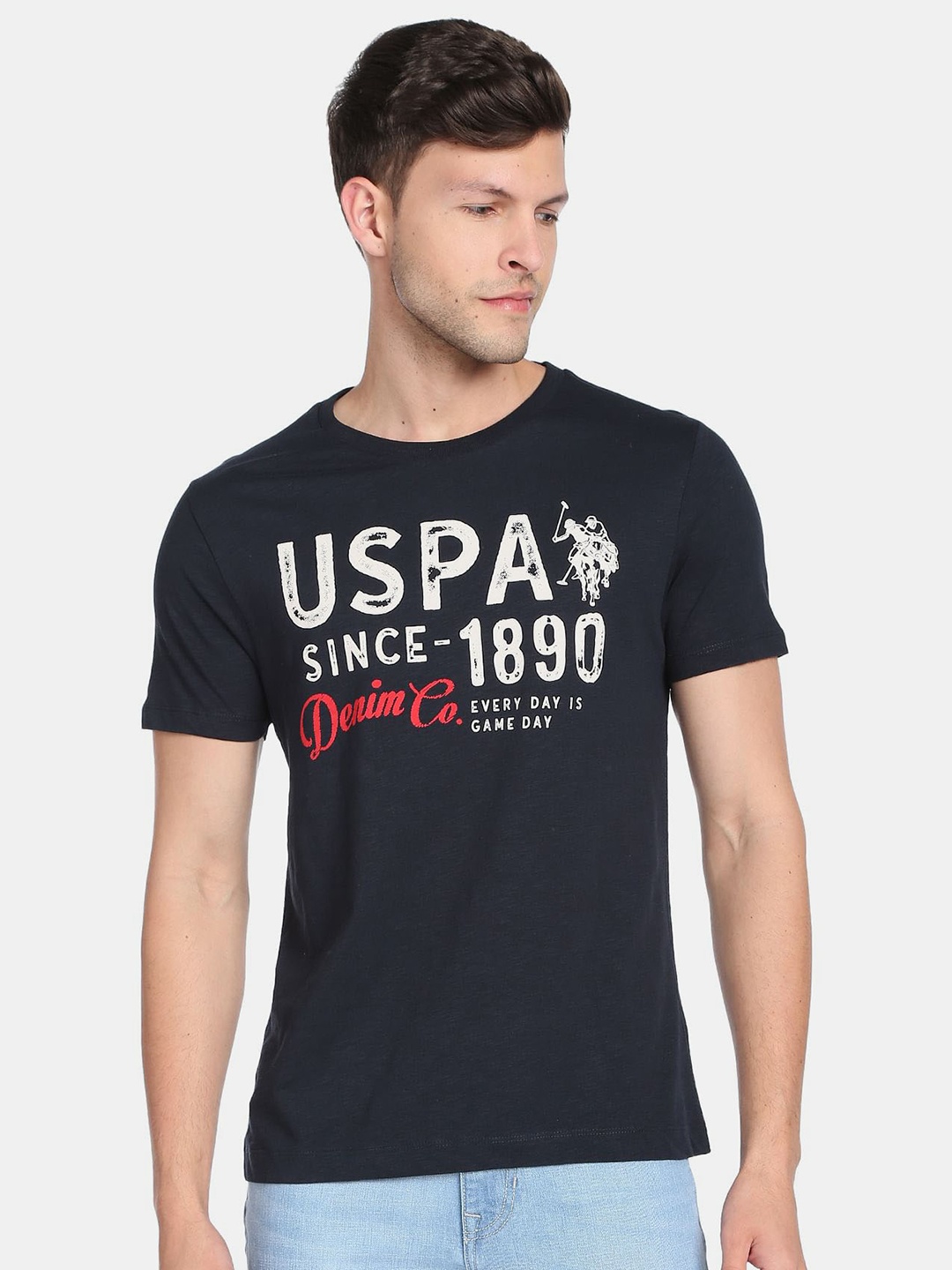 

U.S. Polo Assn. Denim Co. Men Typography Printed Pure Cotton Slim Fit T-shirt, Navy blue