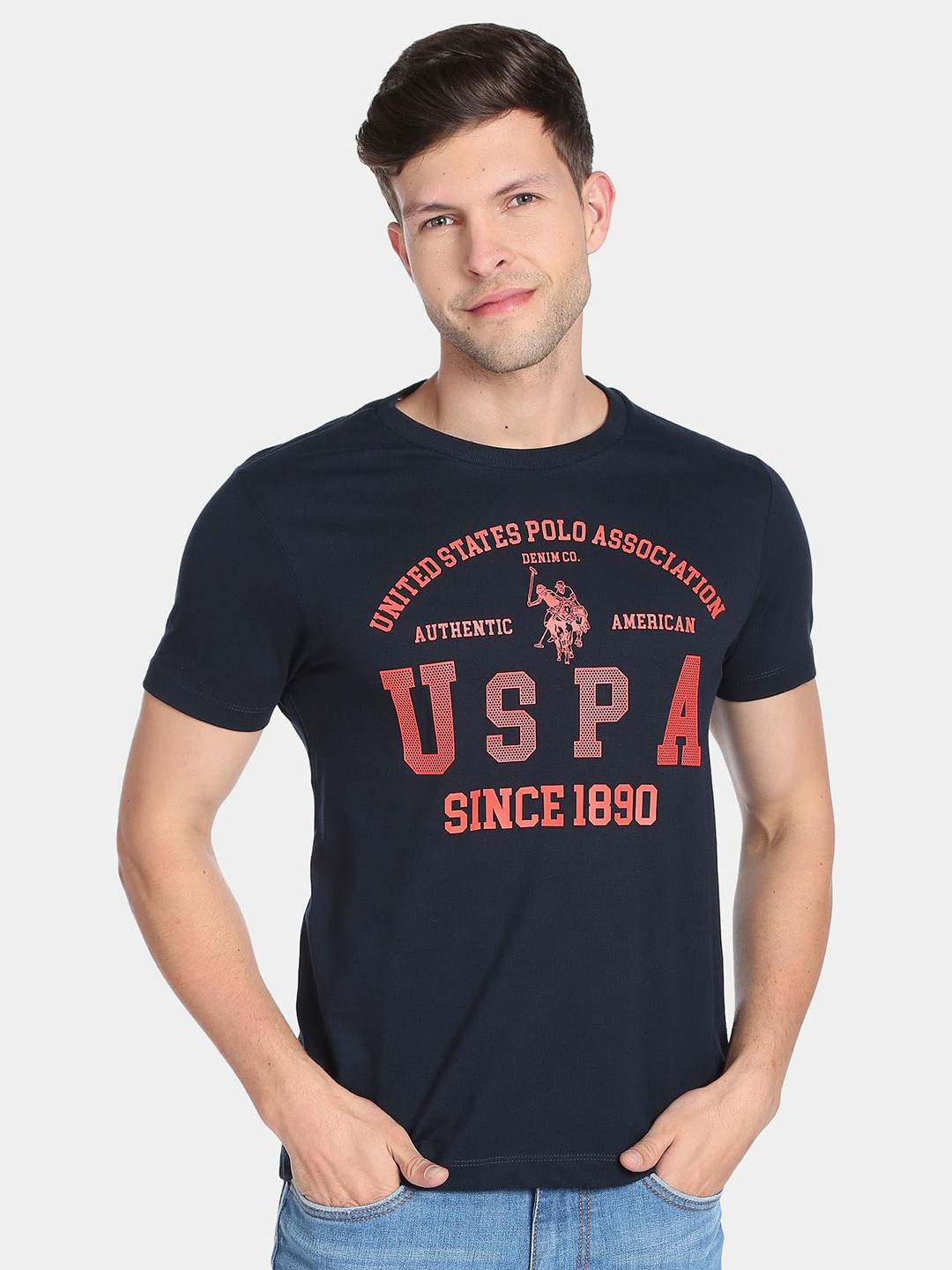 

U.S. Polo Assn. Denim Co. Men Typography Printed Pure Cotton Slim Fit T-shirt, Navy blue