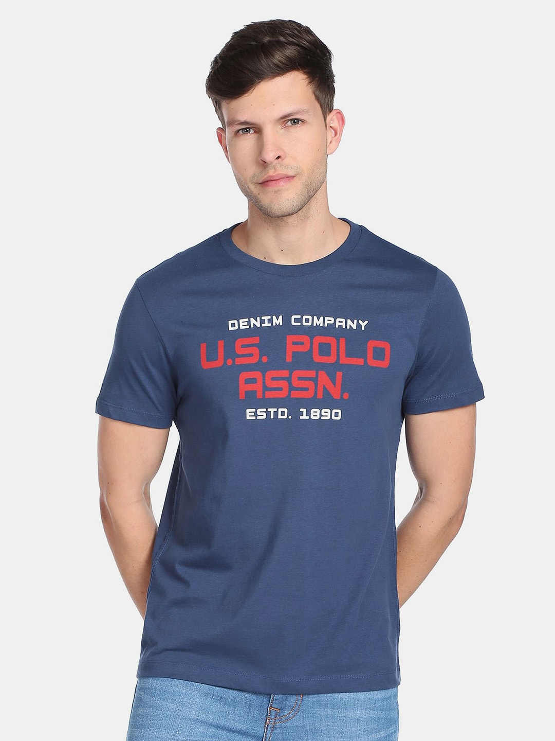 

U.S. Polo Assn. Denim Co. Men Typography Printed Slim Fit Pure Cotton T-shirt, Blue