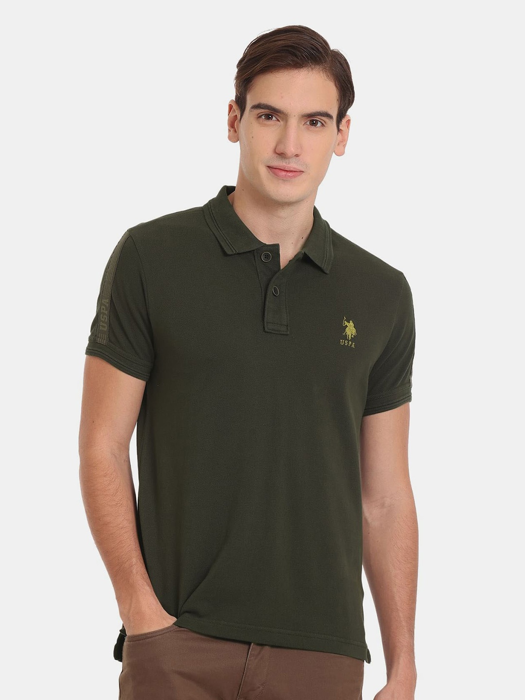 

U.S. Polo Assn. Denim Co. Men Polo Collar Pure Cotton Slim Fit T-shirt, Olive
