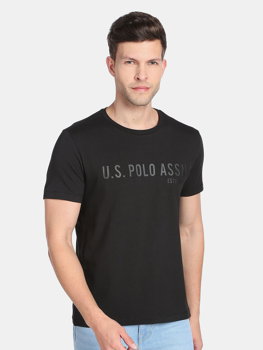 

U S Polo Assn Denim Co Men Typography Printed Slim Fit Cotton T-shirt, Black