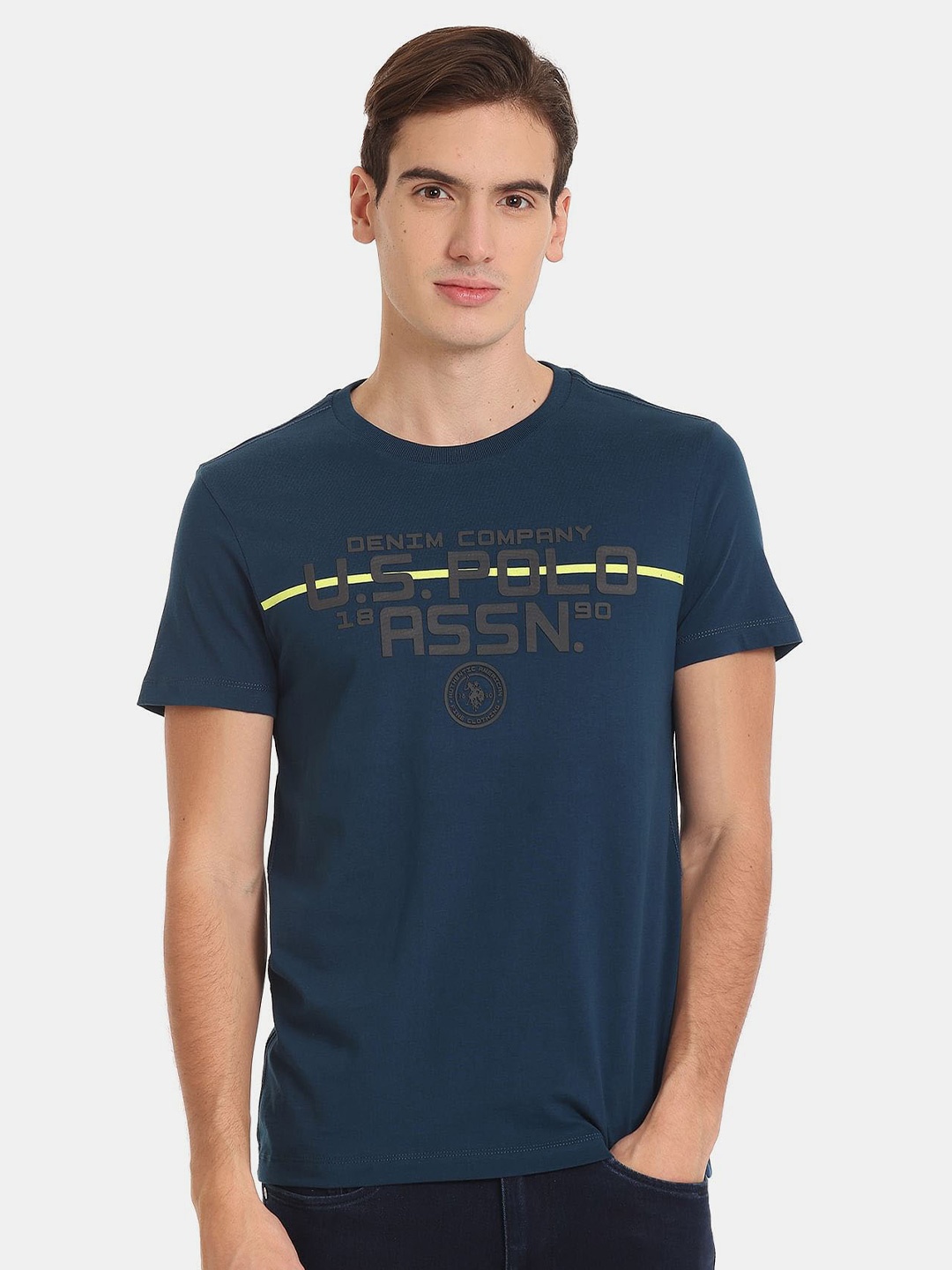 

U.S. Polo Assn. Denim Co. Men Typography Printed Slim Fit Cotton T-shirt, Navy blue
