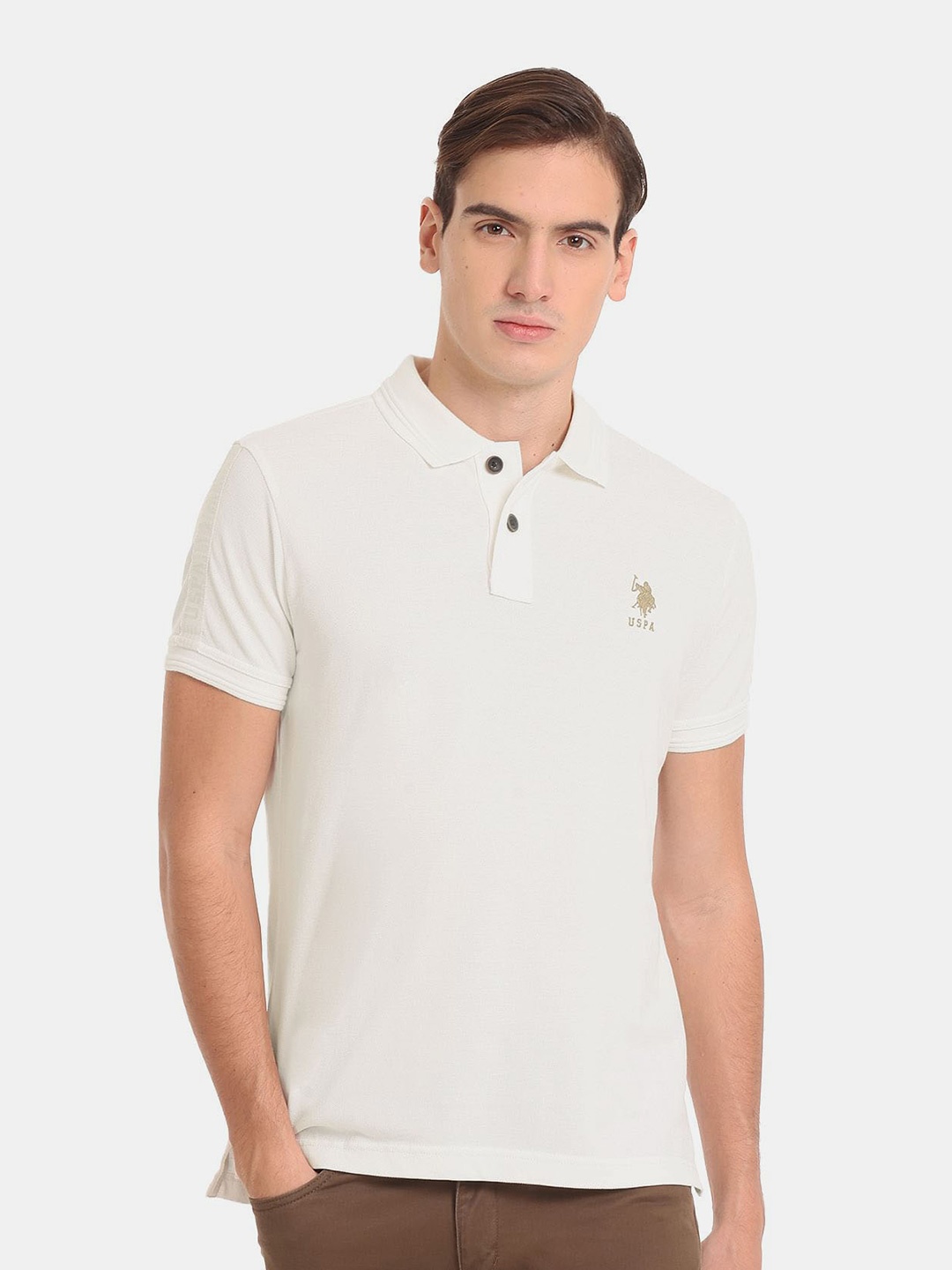 

U.S. Polo Assn. Denim Co. Men Pure Cotton Polo Collar Slim Fit T-shirt, White