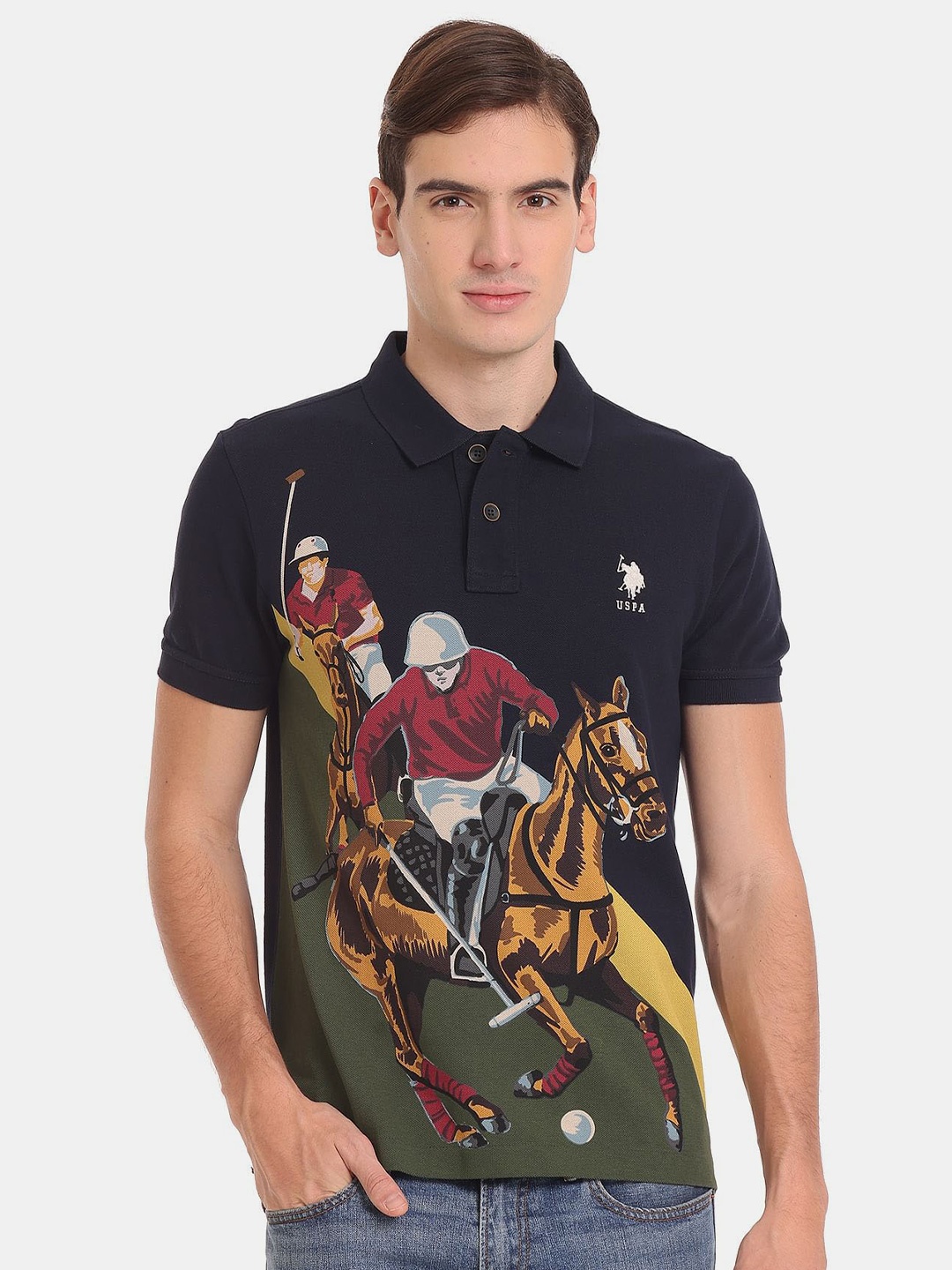 

U.S. Polo Assn. Denim Co. Men Printed Polo Collar Pure Cotton T-shirt, Blue