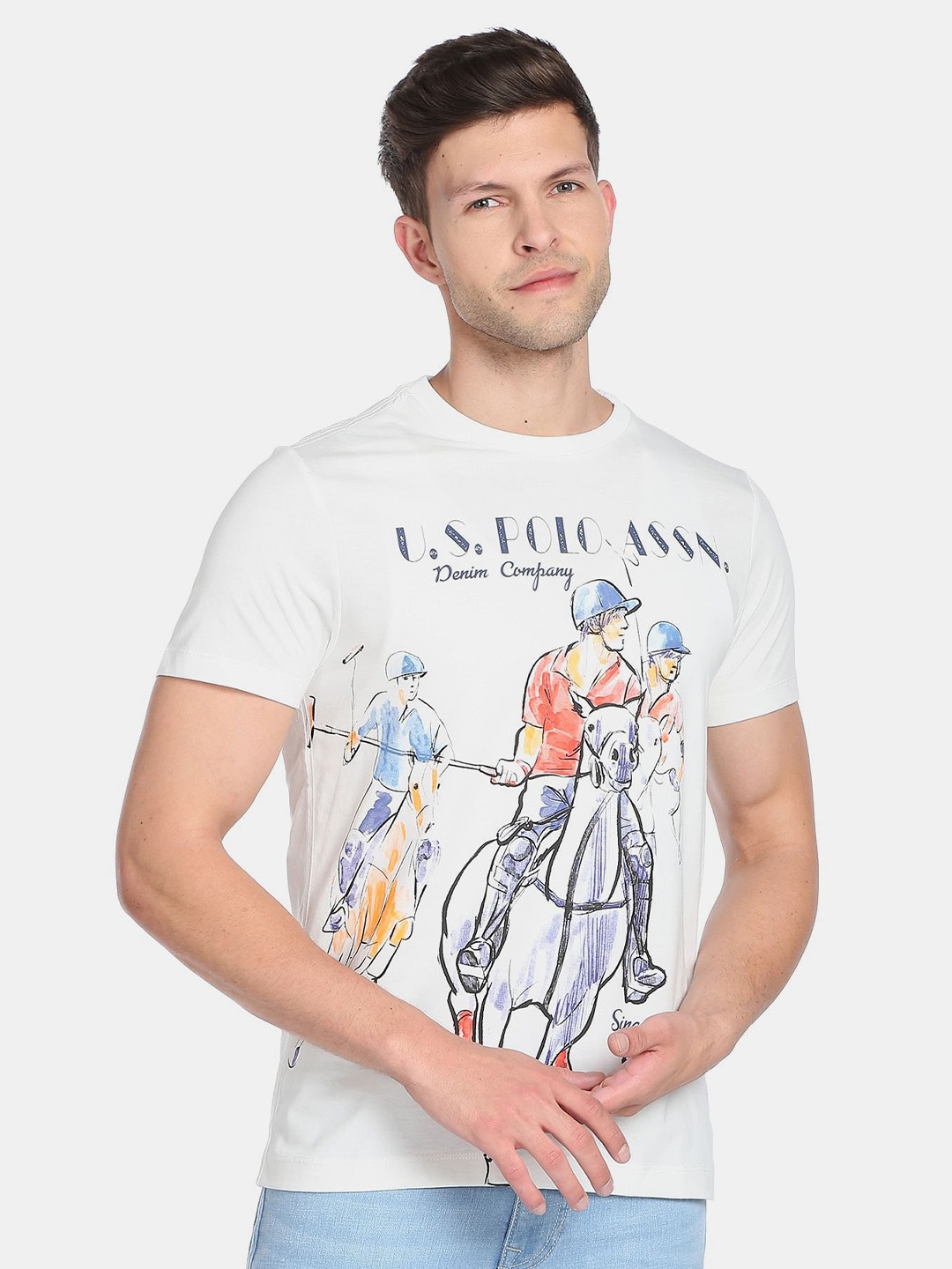 

U.S. Polo Assn. Denim Co. Men Printed Slim Fit Cotton T-shirt, White