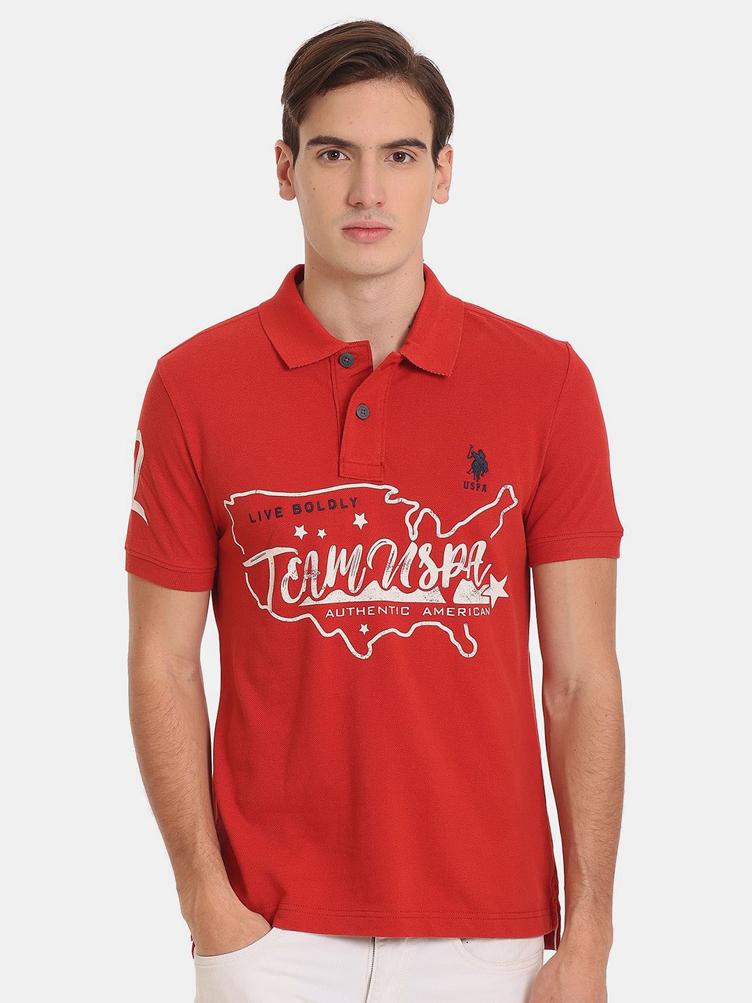 

U.S. Polo Assn. Denim Co. Men Typography Printed Pure Cotton Polo Collar Slim Fit T-shirt, Red