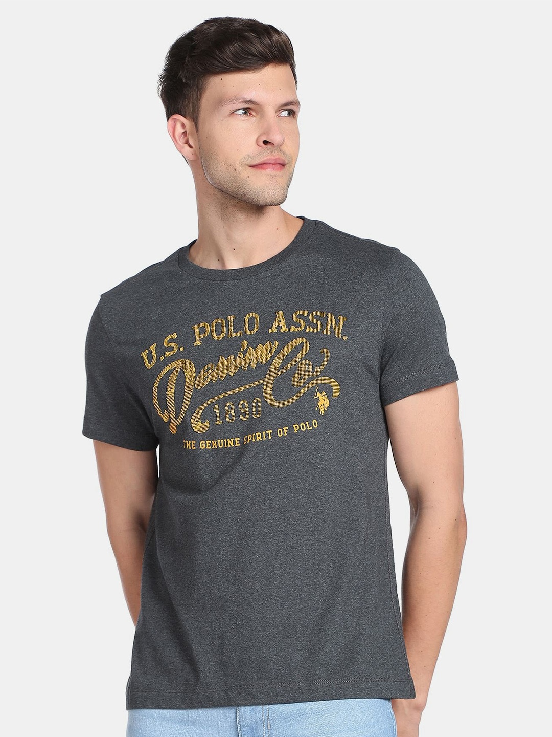 

U.S. Polo Assn. Denim Co. Men Typography Printed Slim Fit Pure Cotton T-shirt, Grey