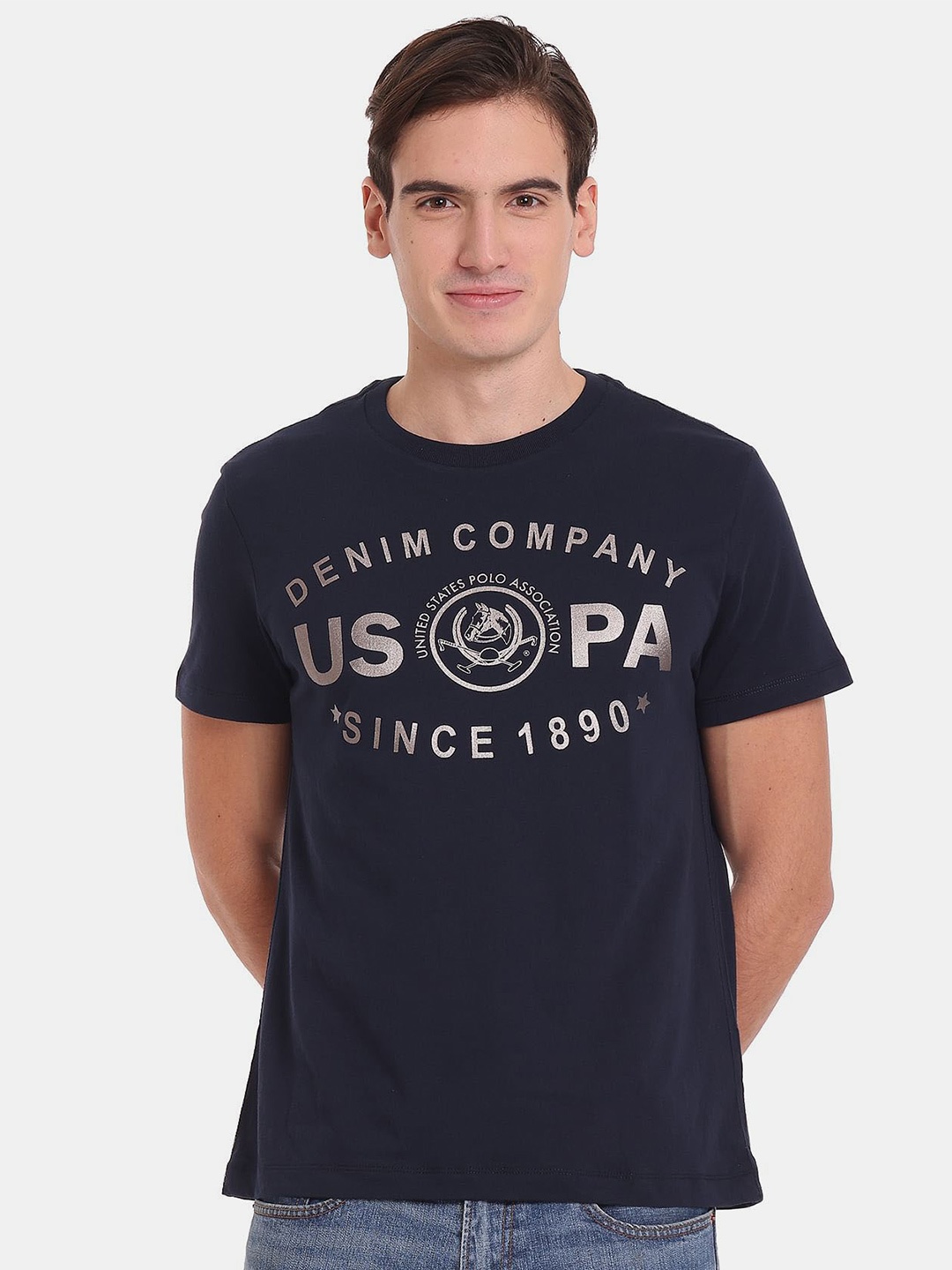 

U.S. Polo Assn. Denim Co. Men Typography Printed Slim Fit Cotton T-shirt, Blue