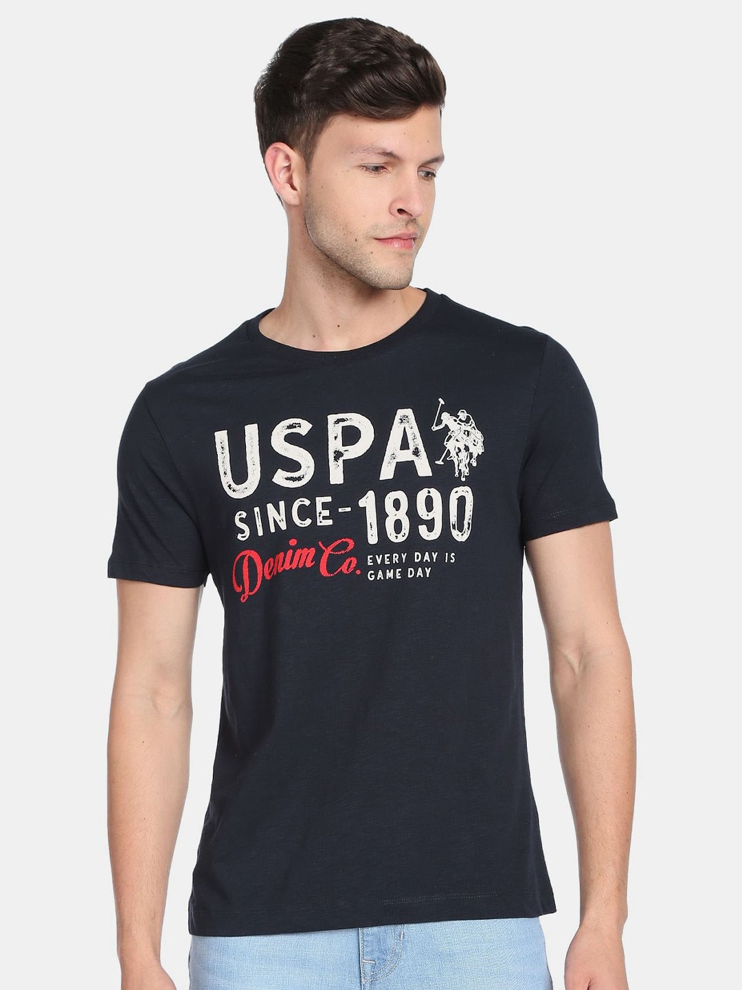 

U.S. Polo Assn. Denim Co. Men Typography Printed Slim Fit Cotton T-shirt, Blue